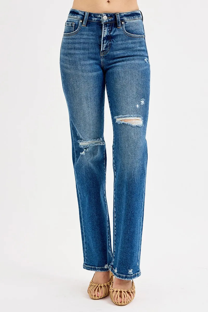RISEN Full Size Tummy Control High Rise Straight Distressed Jeans Plus Size -  Be Bliss Boutique