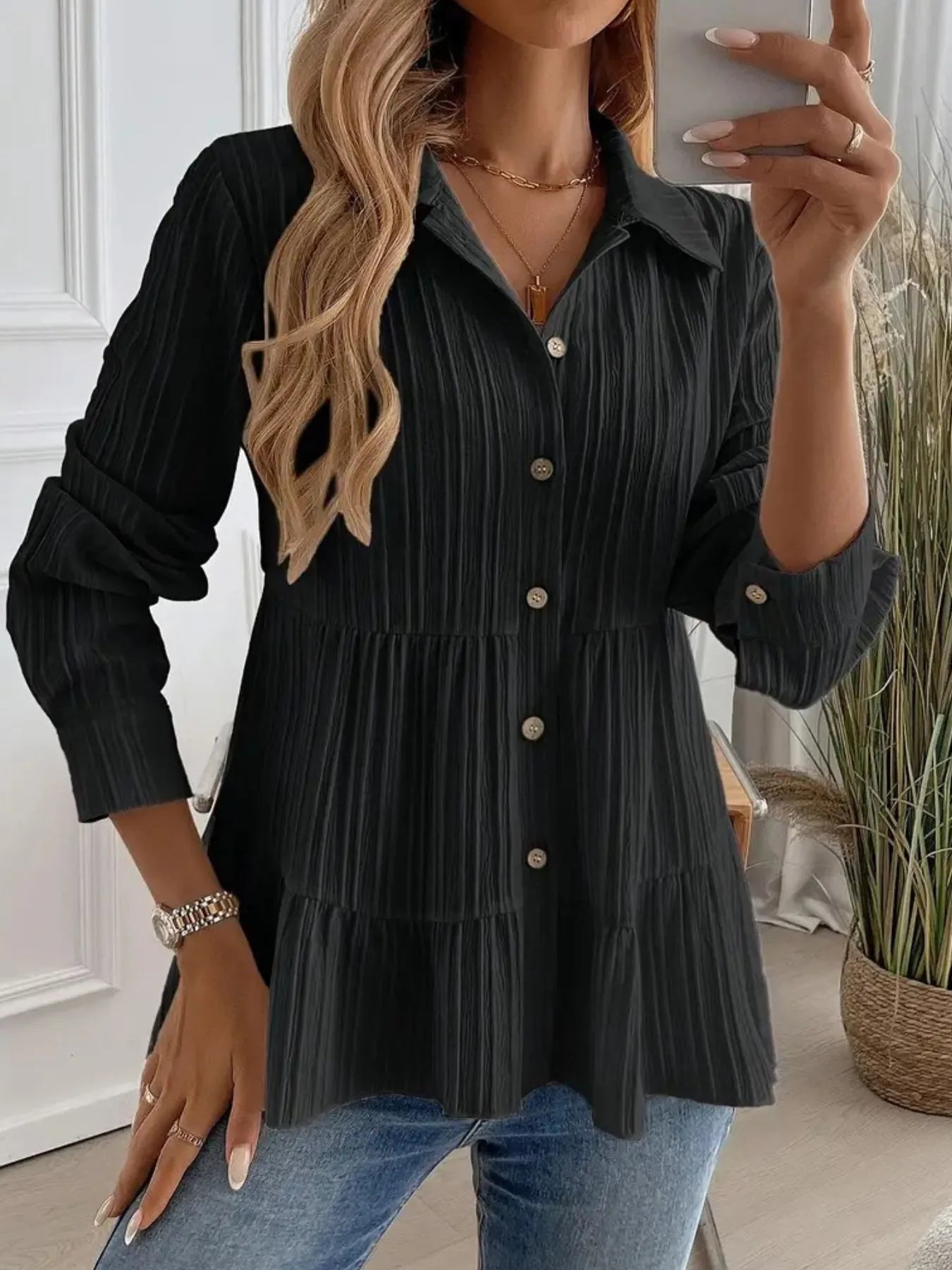 Striped Button-Down Tiered Shirt -  Be Bliss Boutique