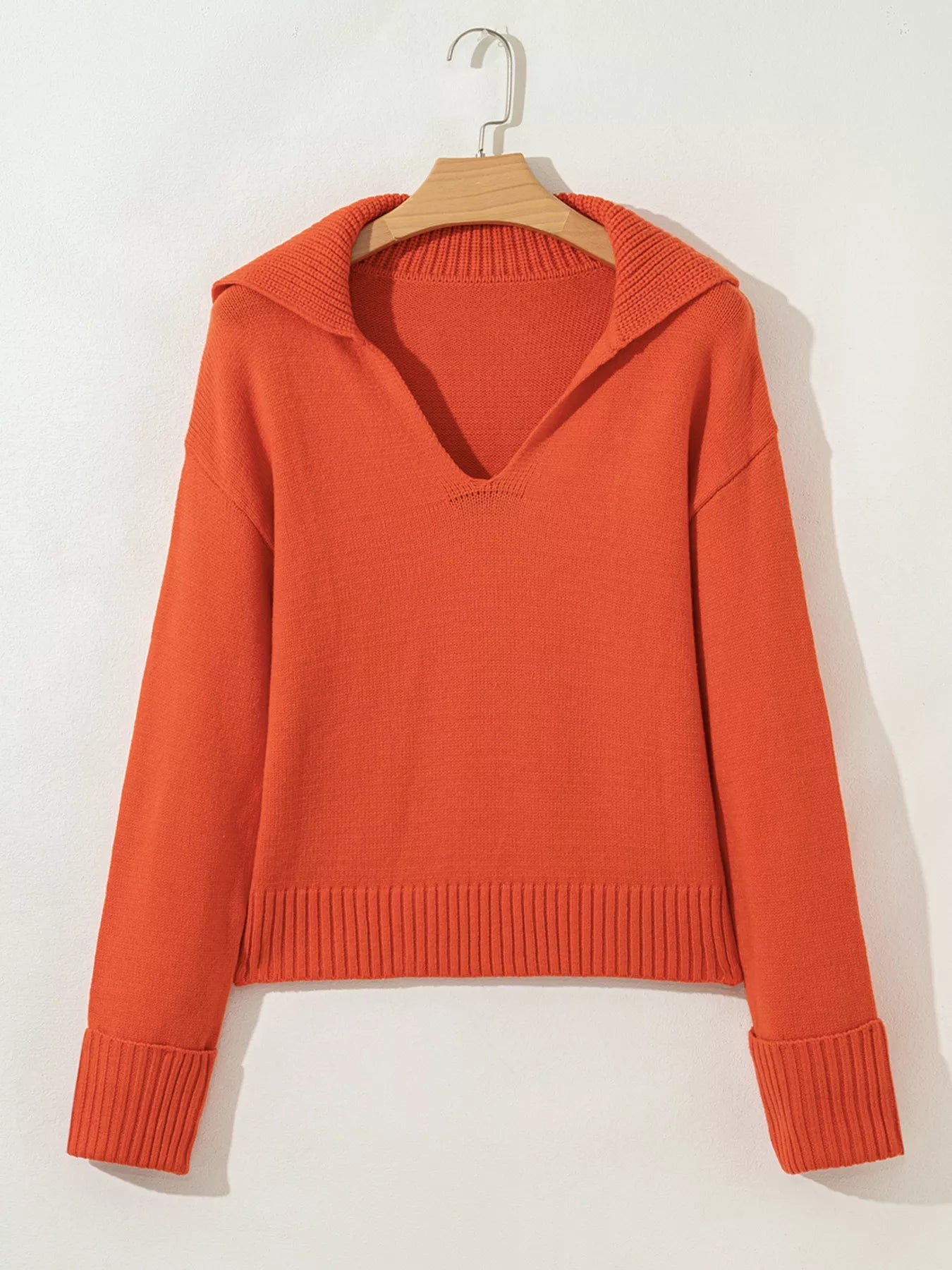 Collared V Neck Ribbed Edge Sweater -  Be Bliss Boutique