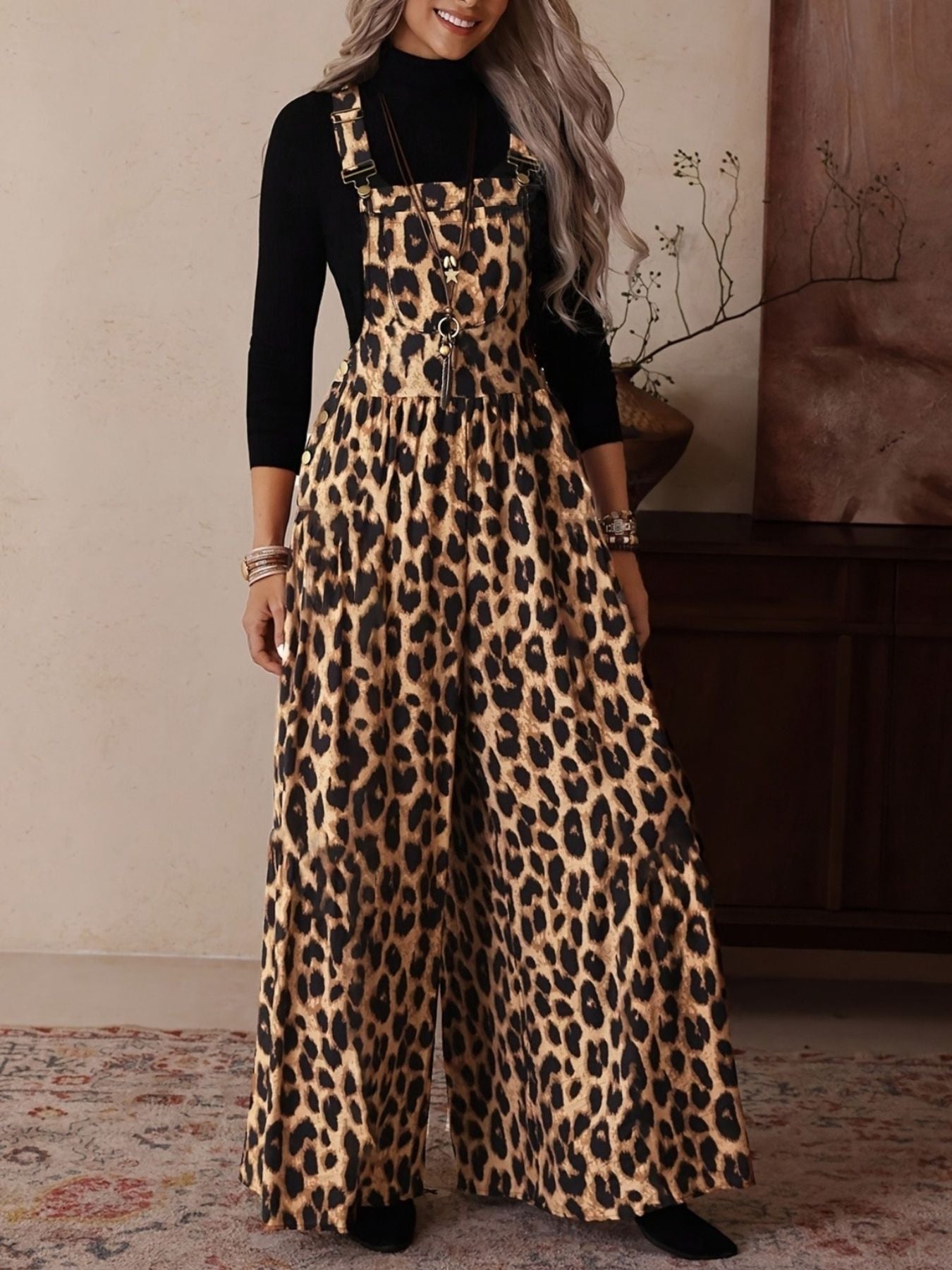 Leopard Print Wide Leg Overalls - Be Bliss Boutique