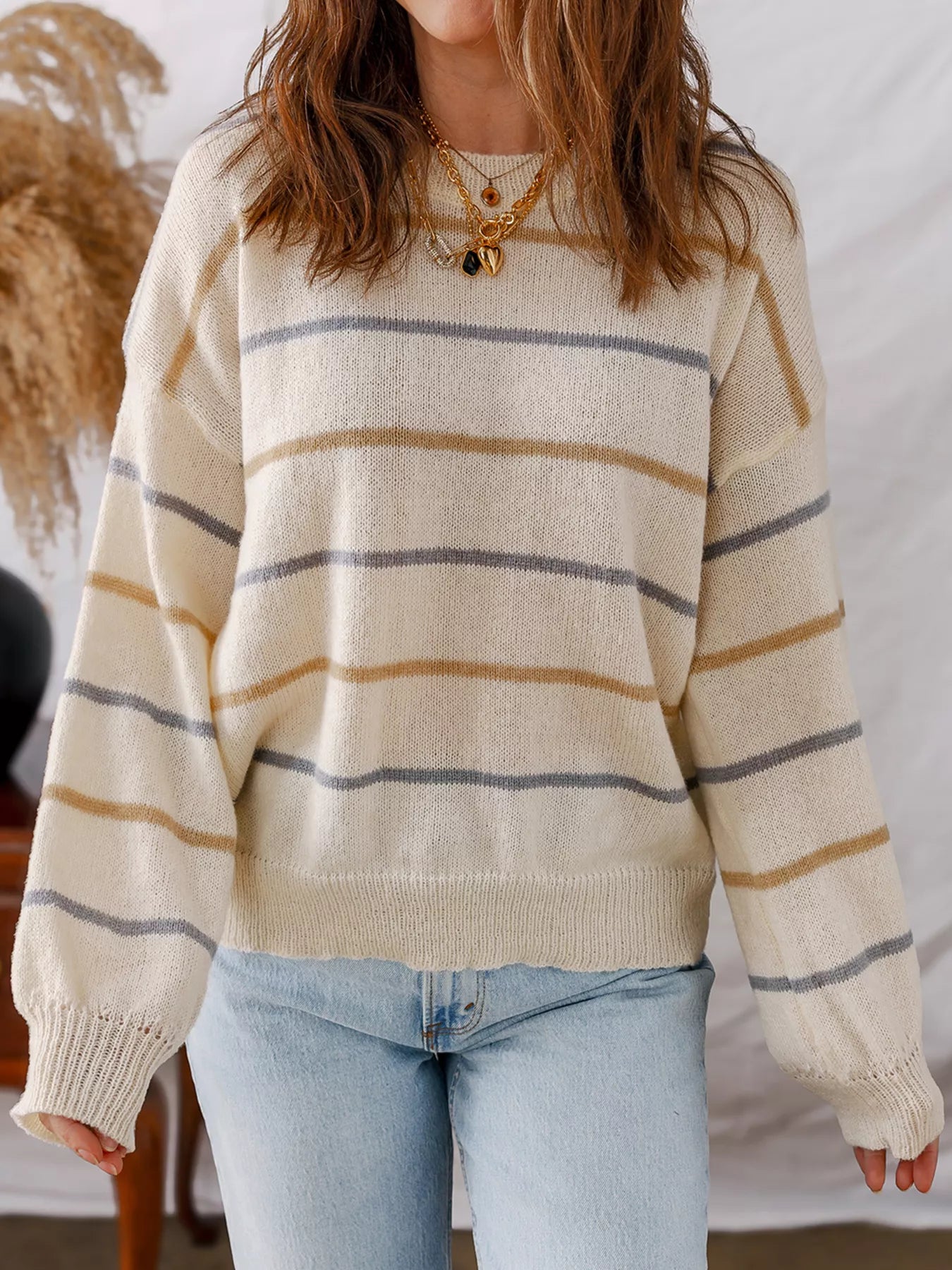 Stripe Striped Ribbed Edge Drop Shoulder Sweater -  Be Bliss Boutique