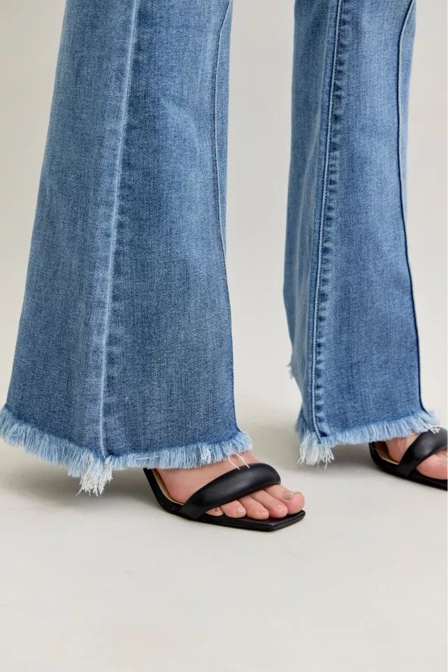 Judy Blue Jeans - High Waist Flare Fray Hem Jeans with Front Pintuck Detail - Be Bliss Boutique