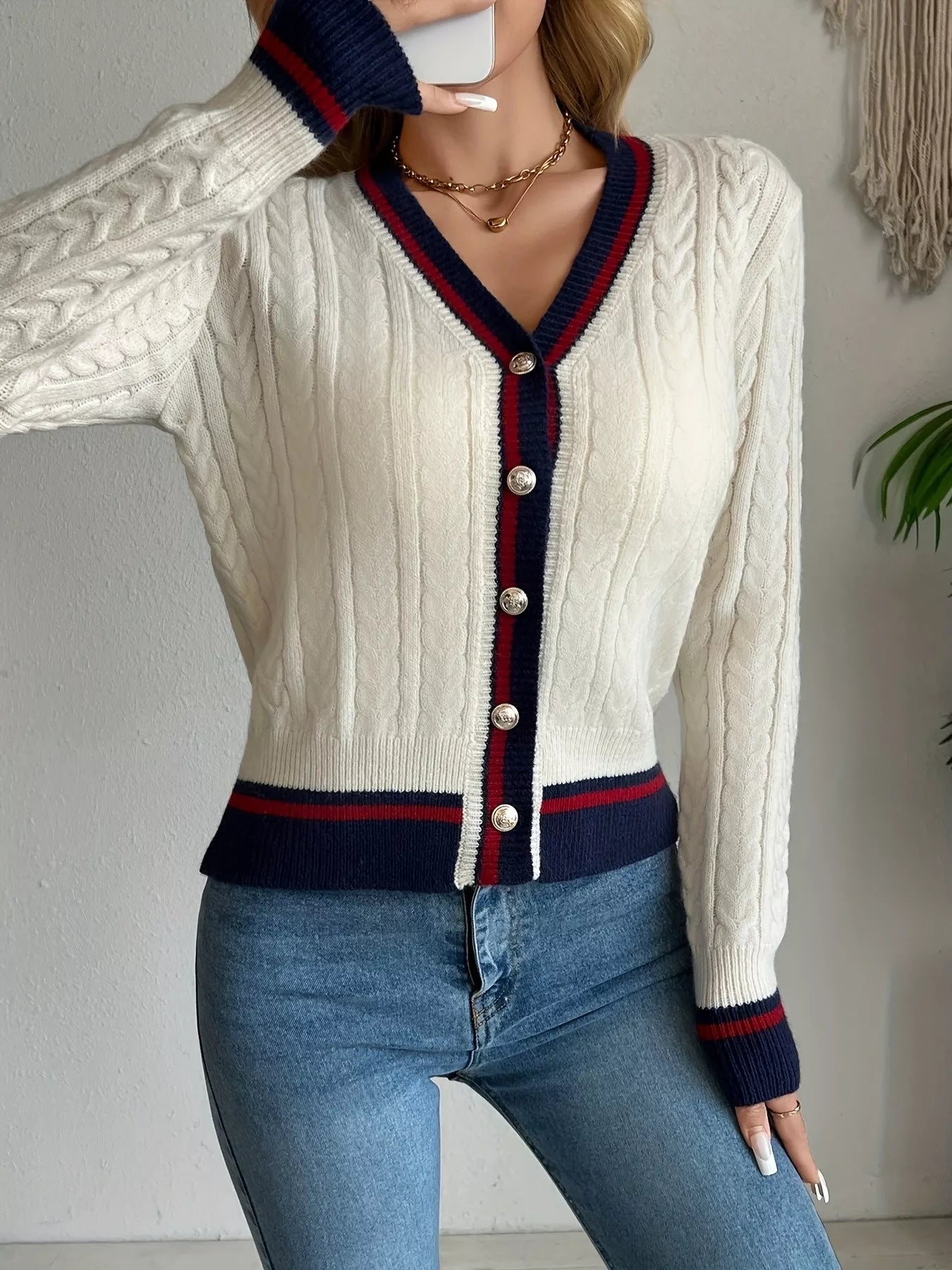 Contrast Trim Cable Knit Cardigan - Be Bliss Boutique