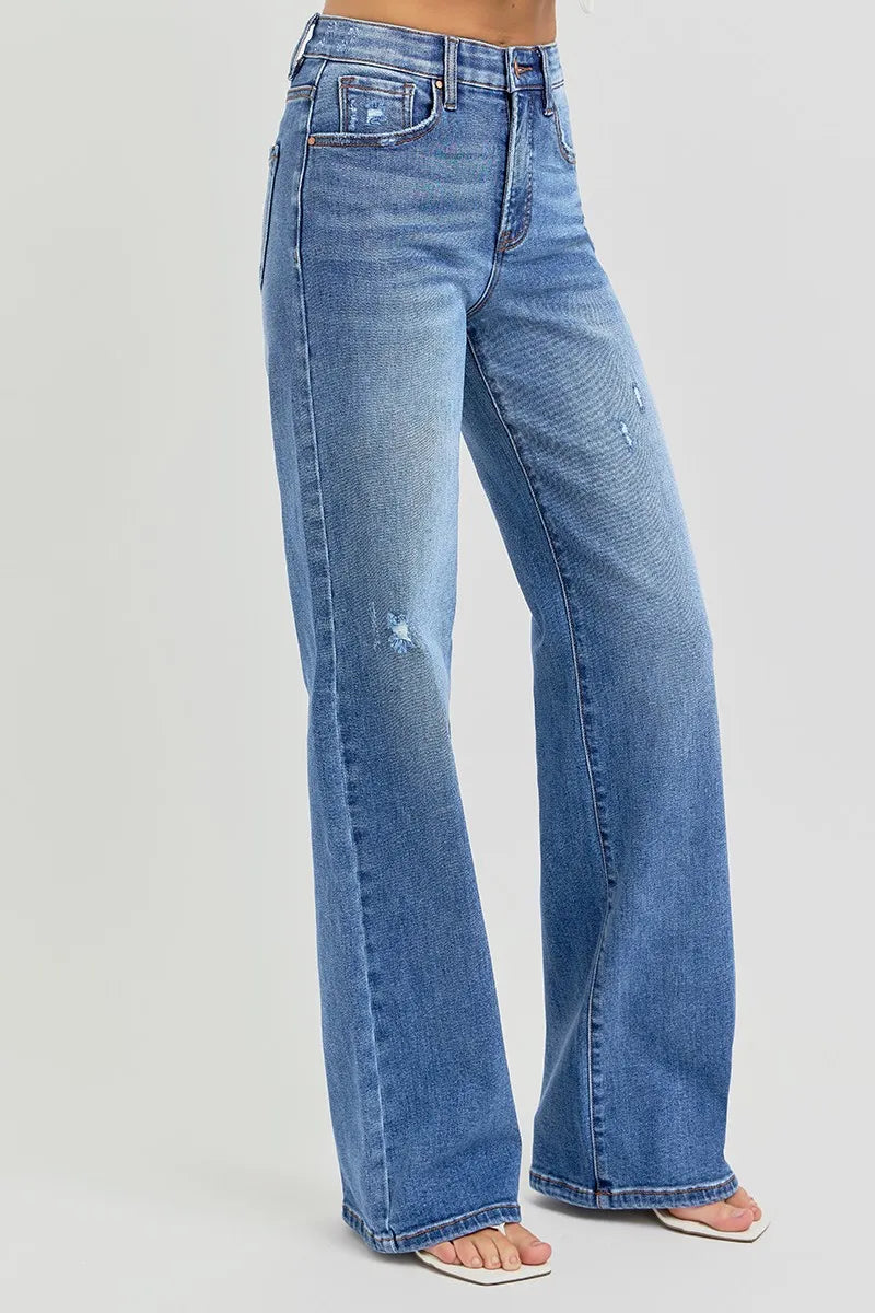 Full Size Tummy Control Elastic Band High Rise Wide RISEN Jeans -  Be Bliss Boutique
