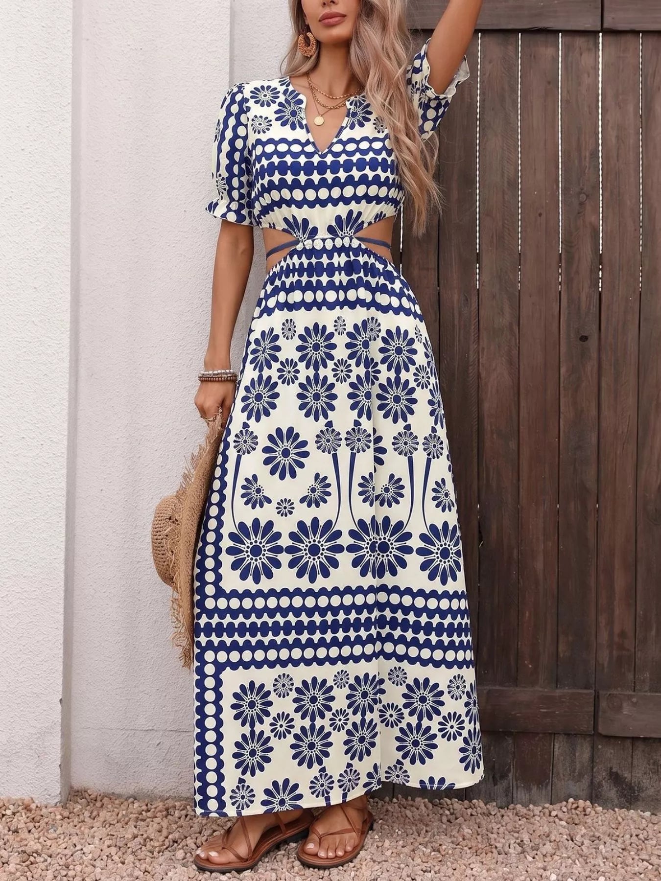 Floral Print Cutout Waist Maxi Dress - Be Bliss Boutique