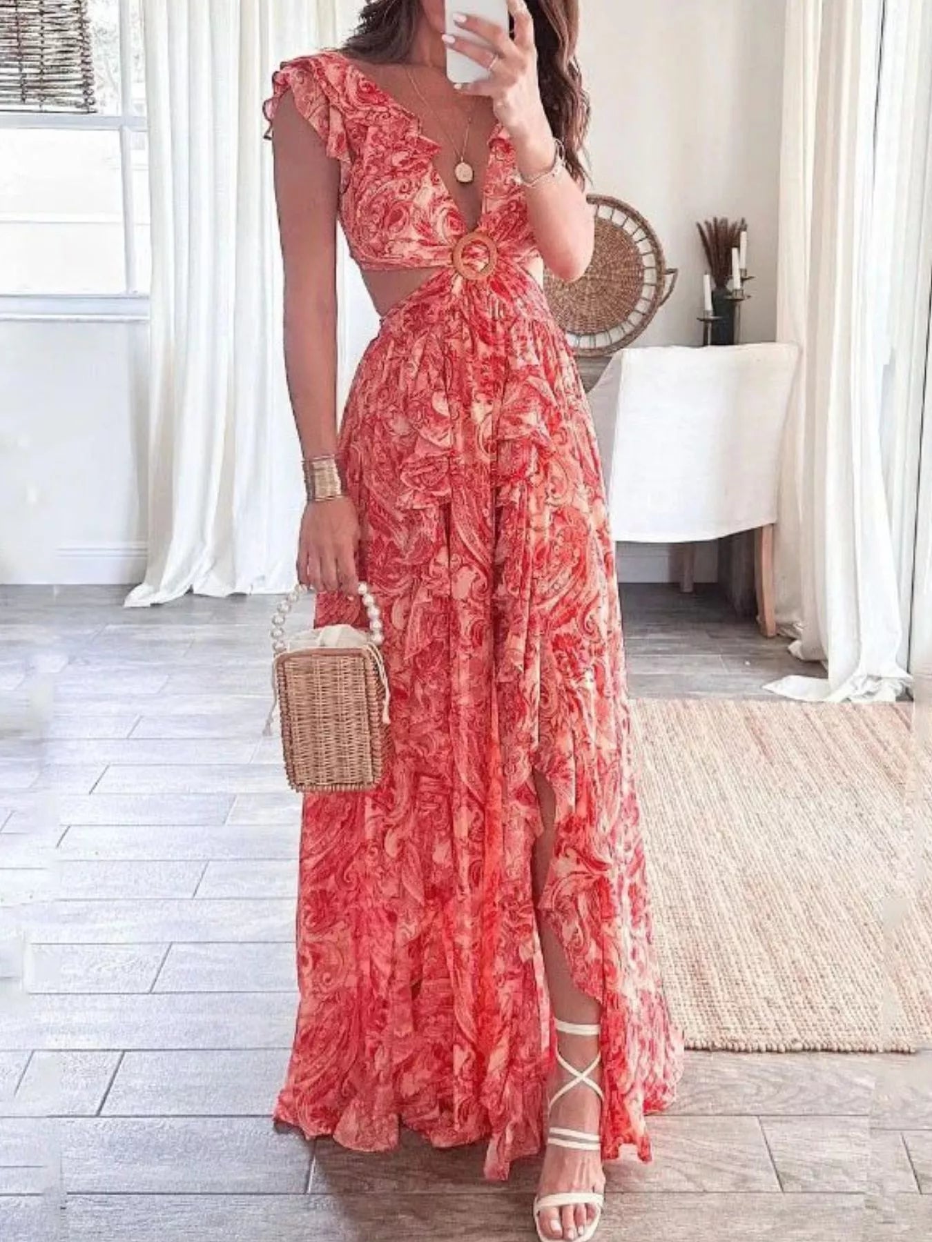 Full Size Ruffled Cutout V Neck Maxi Dress - Be Bliss Boutique