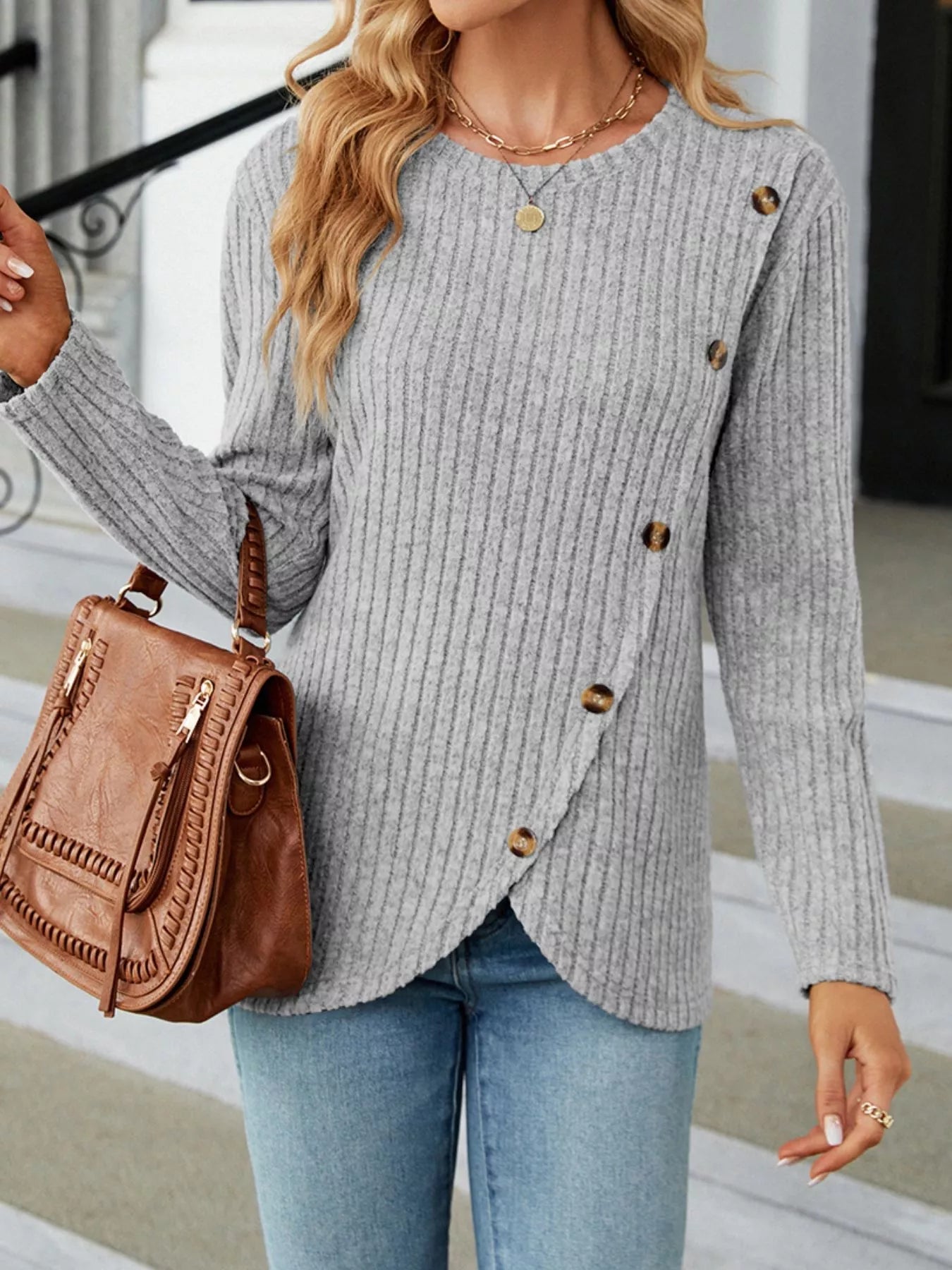 Ribbed Knit Decor Button T-Shirt -  Be Bliss Boutique