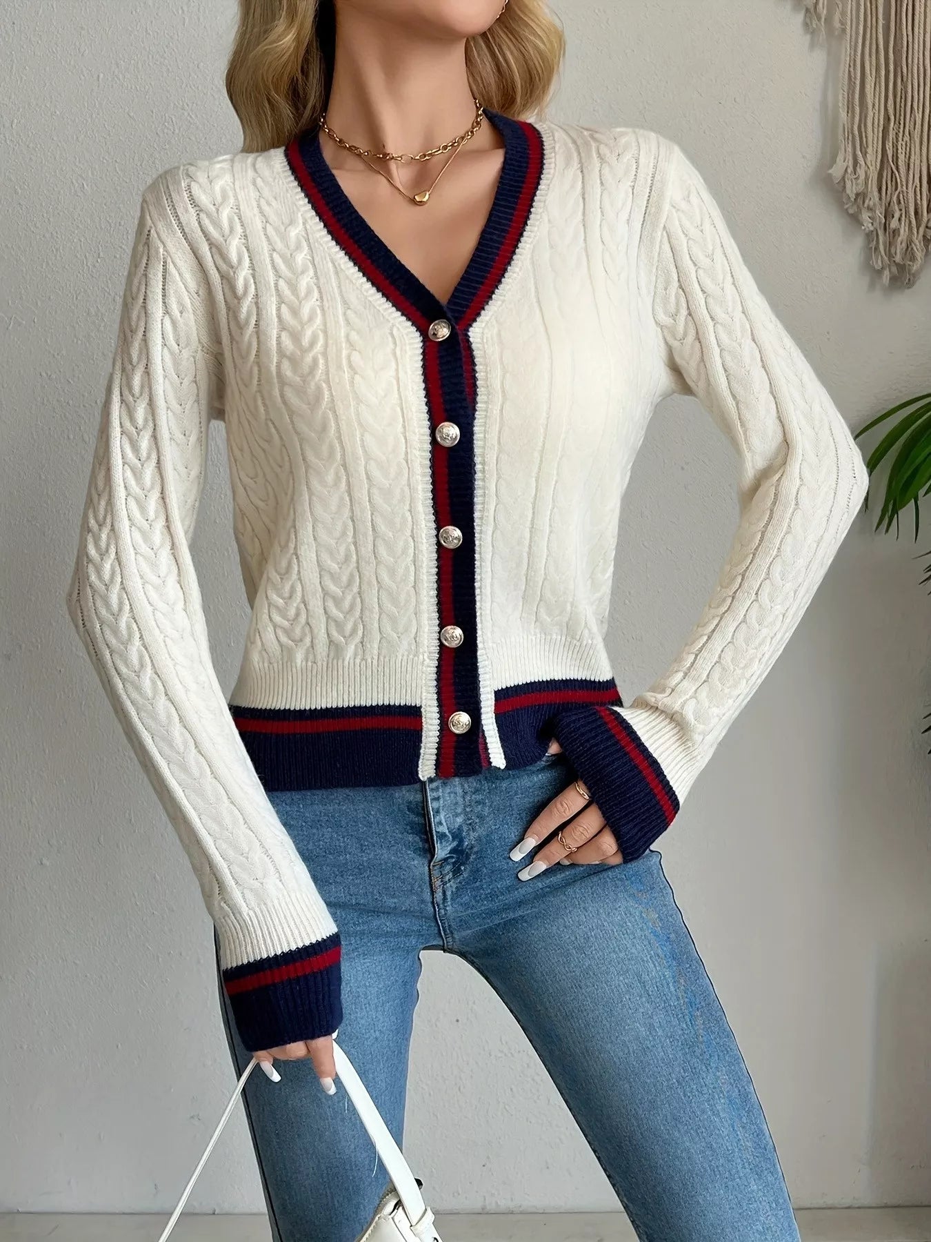 Contrast Trim Cable Knit Cardigan - Be Bliss Boutique