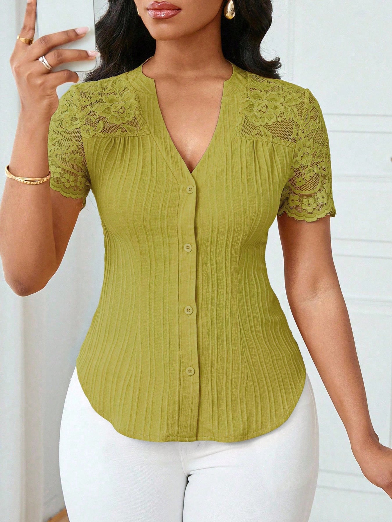 Button Up Lace Sleeve Blouse - Be Bliss Boutique