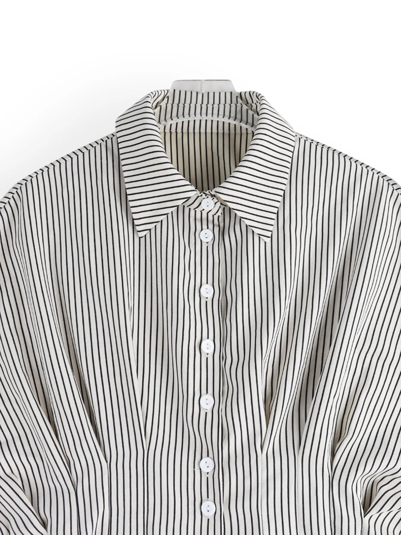 Pinstripe Puff Sleeve Cinched Waist Button Up Shirt -  Be Bliss Boutique