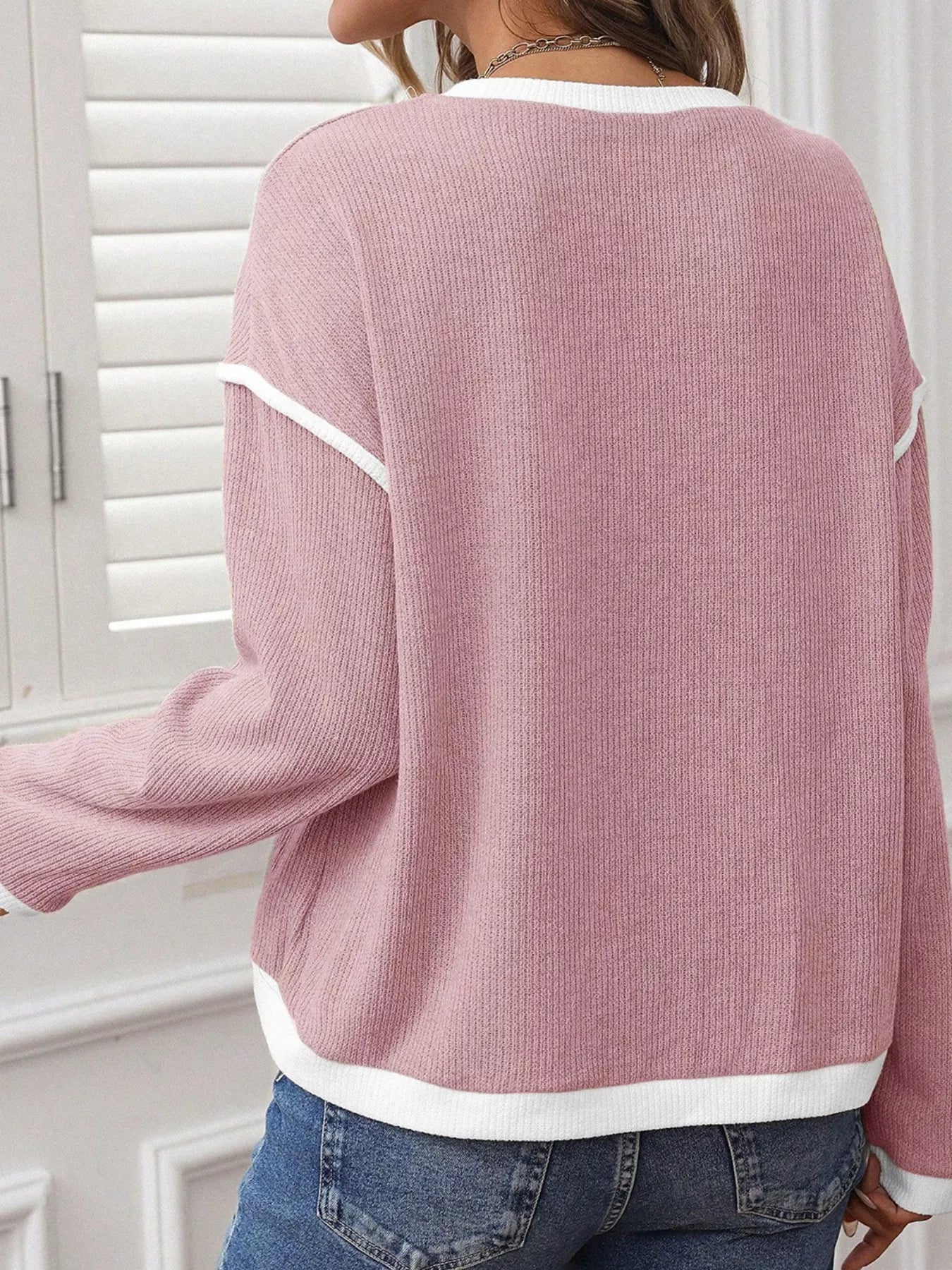 Contrast Color Trim Knit Drop Shoulder Loose Top - Be Bliss Boutique