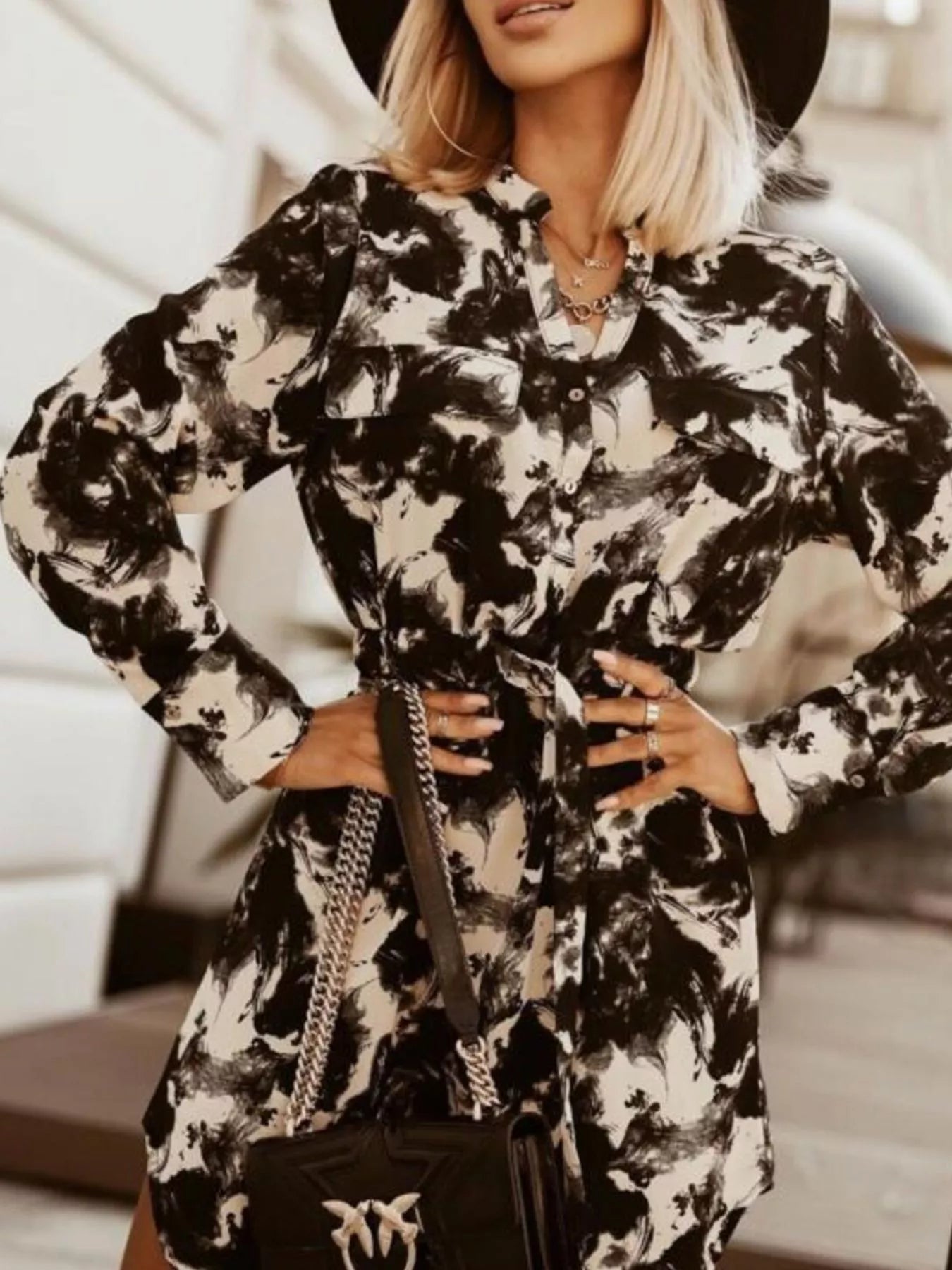 Printed Button Front Long Sleeve Dress -  Be Bliss Boutique