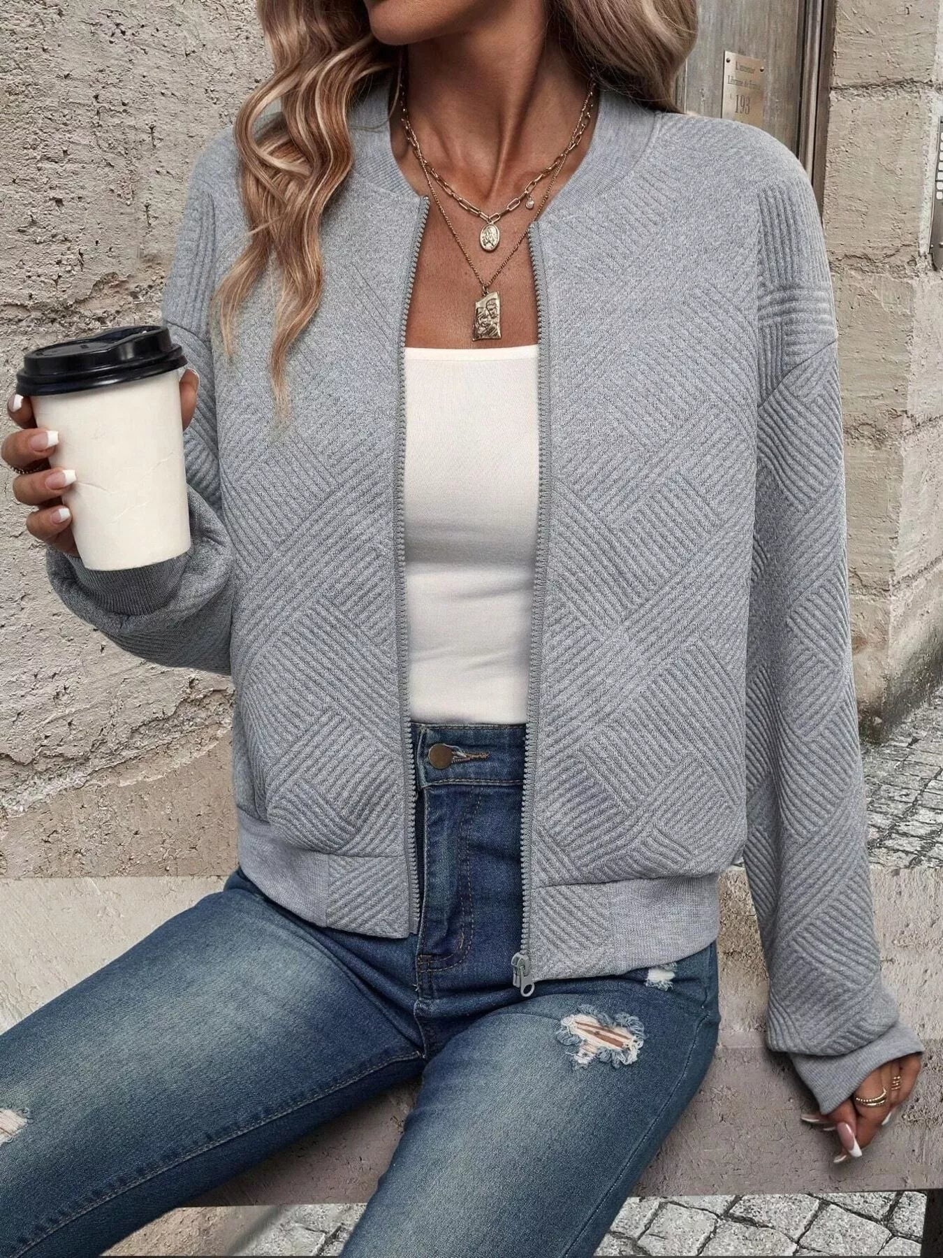 Texture Zip-Up Bomber Jacket - Be Bliss Boutique