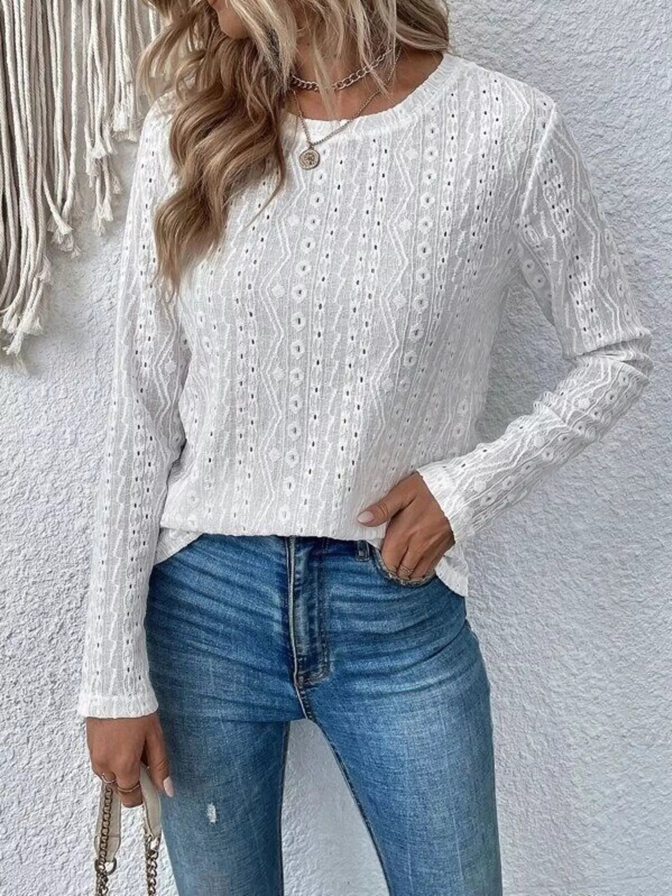 Full Size Eyelet Round Neck Long Sleeve Blouse Plus Size -  Be Bliss Boutique