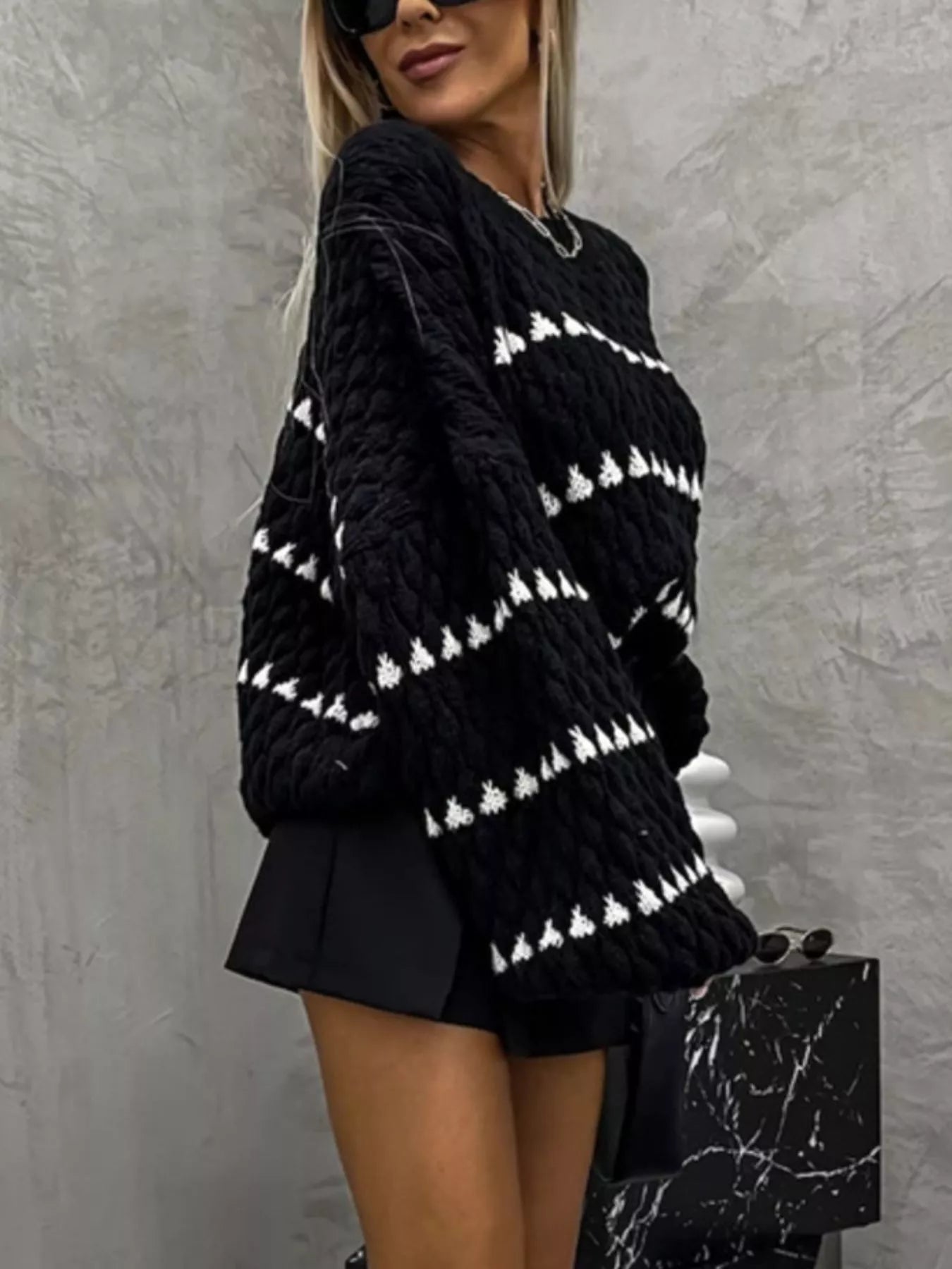 Chunky Knit Striped Sweater with Balloon Sleeves -  Be Bliss Boutique