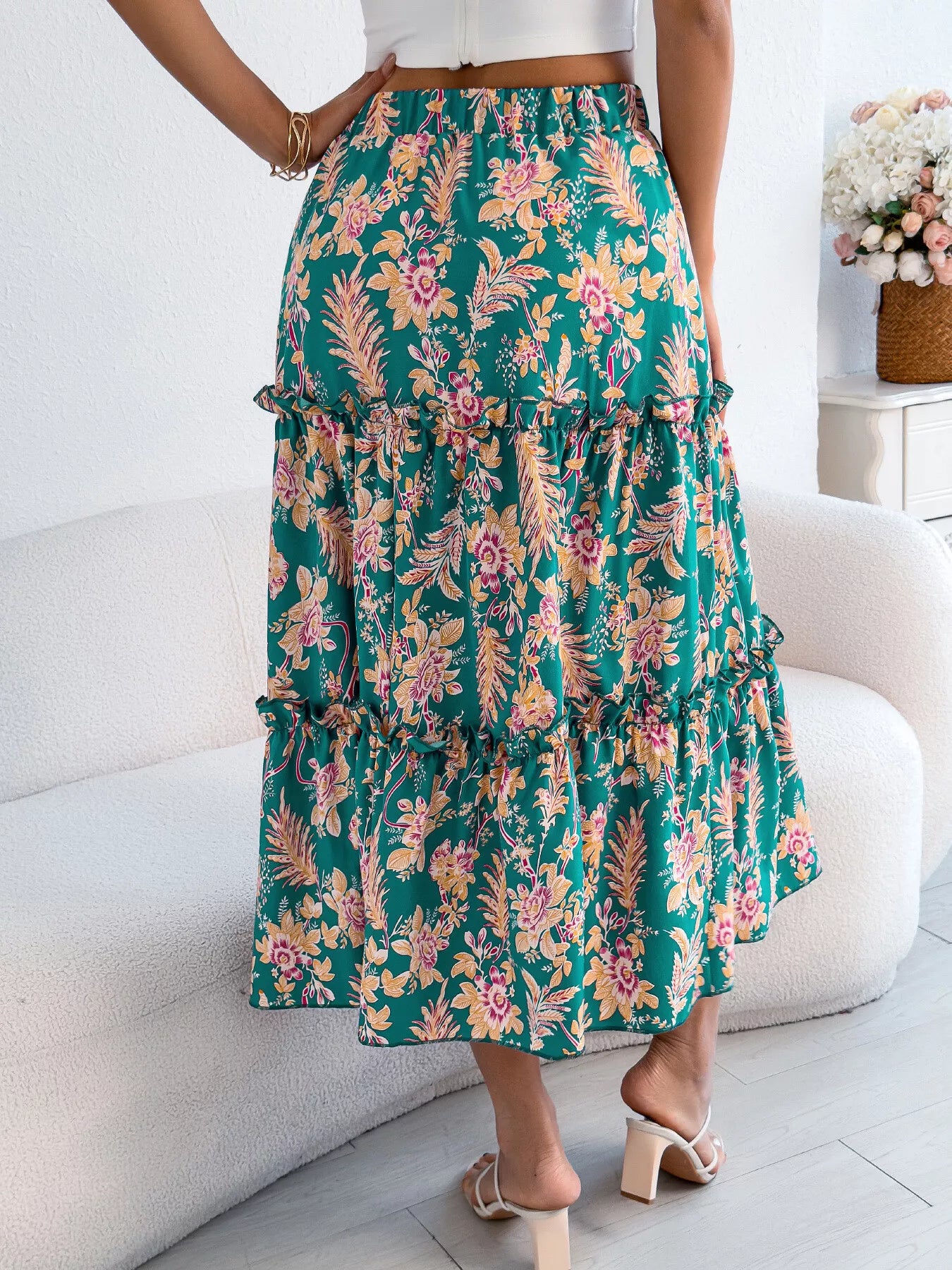 Floral Print Ruffle Hem Flowy Midi Skirt - Be Bliss Boutique