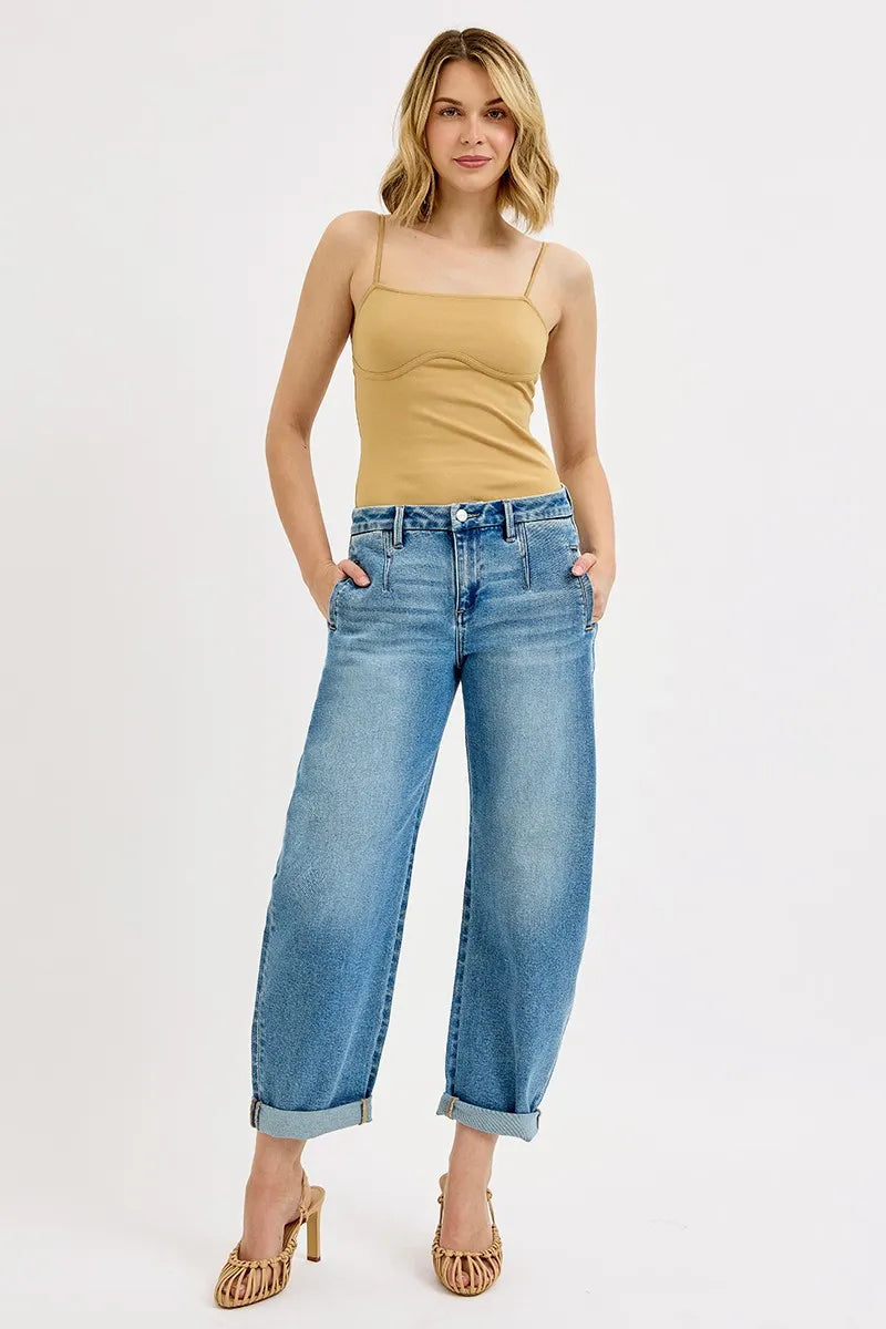 RISEN Full Size Mid Rise Fit Barrel Roll Up Jeans Plus Size -  Be Bliss Boutique