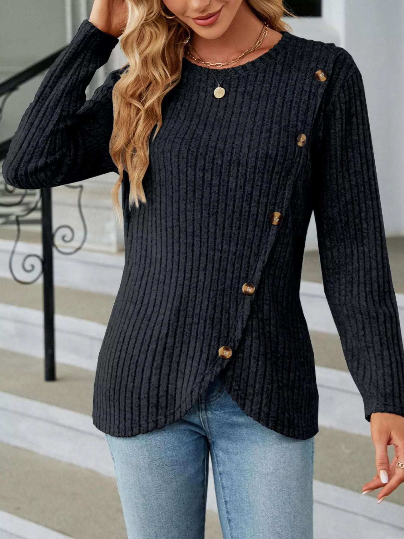 Ribbed Knit Decor Button T-Shirt -  Be Bliss Boutique