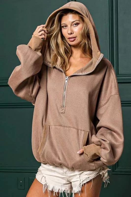 BiBi Stitch Detailed Elastic Hem Half Zip Fleece Hoodie - Be Bliss Boutique