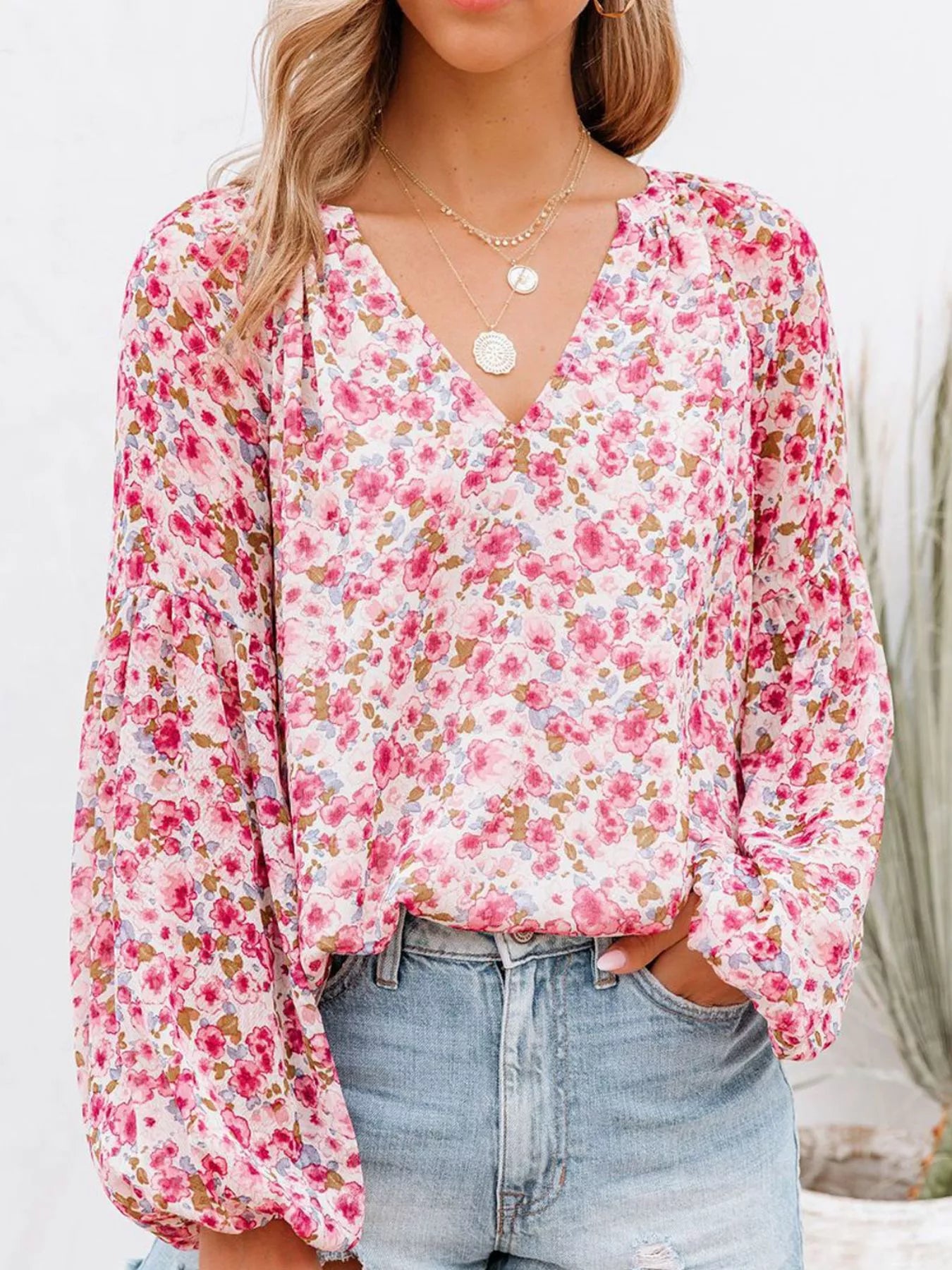 Full Size Floral Print V Neck Long Sleeve Blouse - Be Bliss Boutique