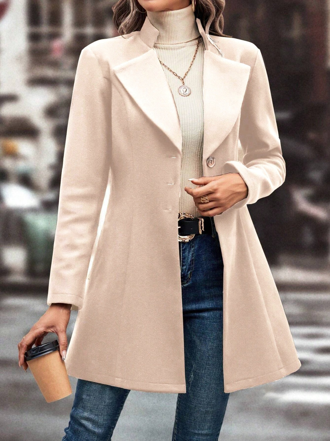 Collared Neck Long Sleeve Longline Coat