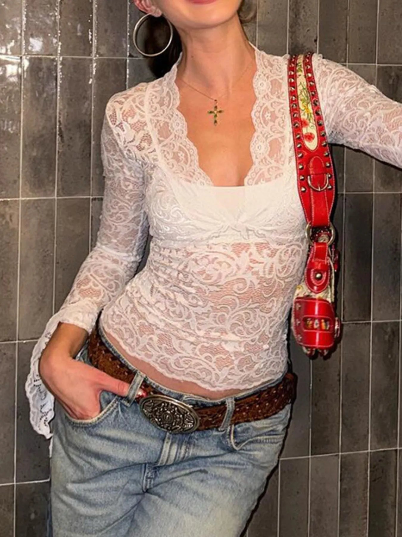 Lace Long Sleeve Deep V-Neck Blouse - Be Bliss Boutique