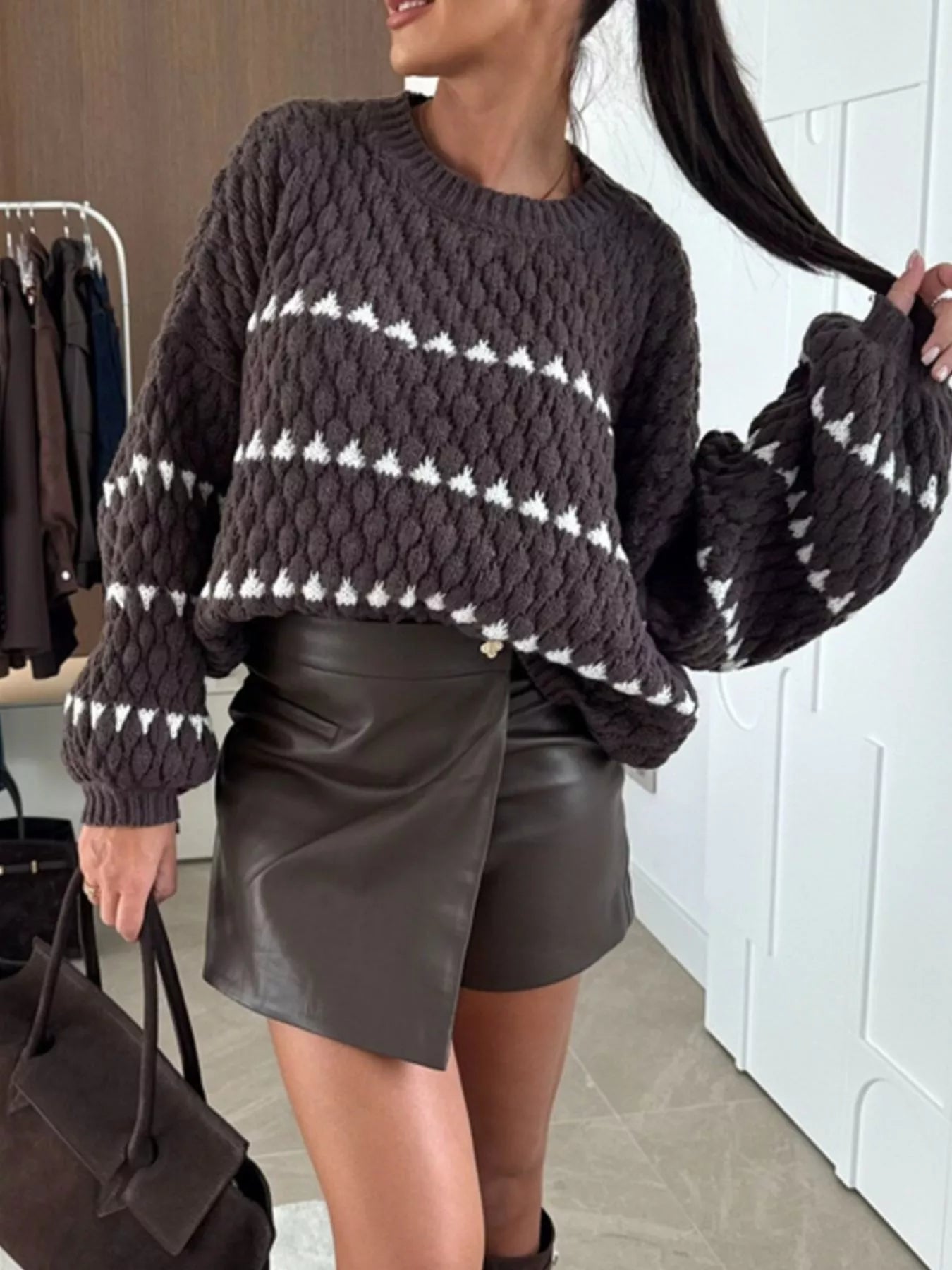 Chunky Knit Striped Sweater with Balloon Sleeves -  Be Bliss Boutique