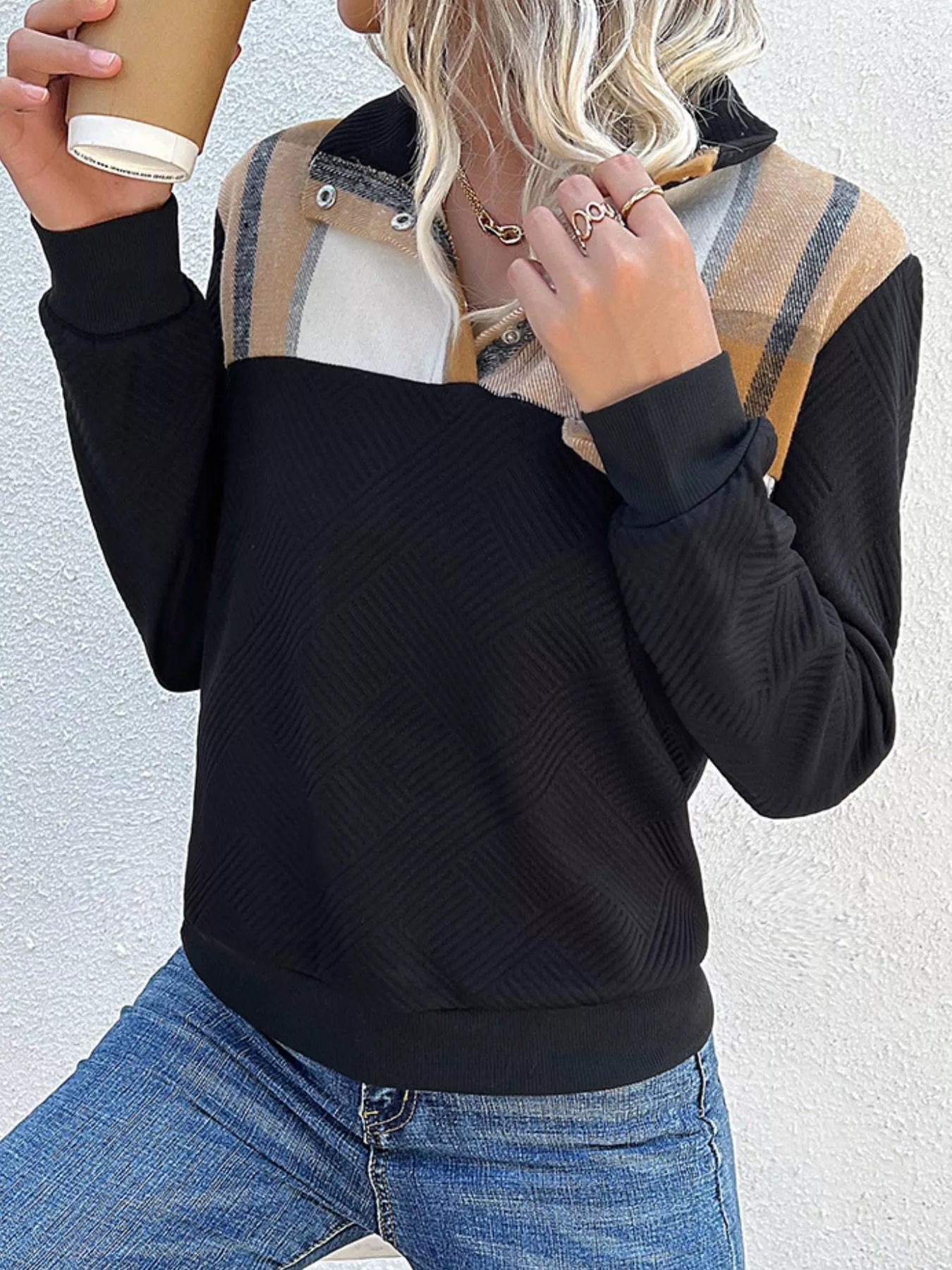 Color Block Texture Long Sleeve Sweatshirt -  Be Bliss Boutique