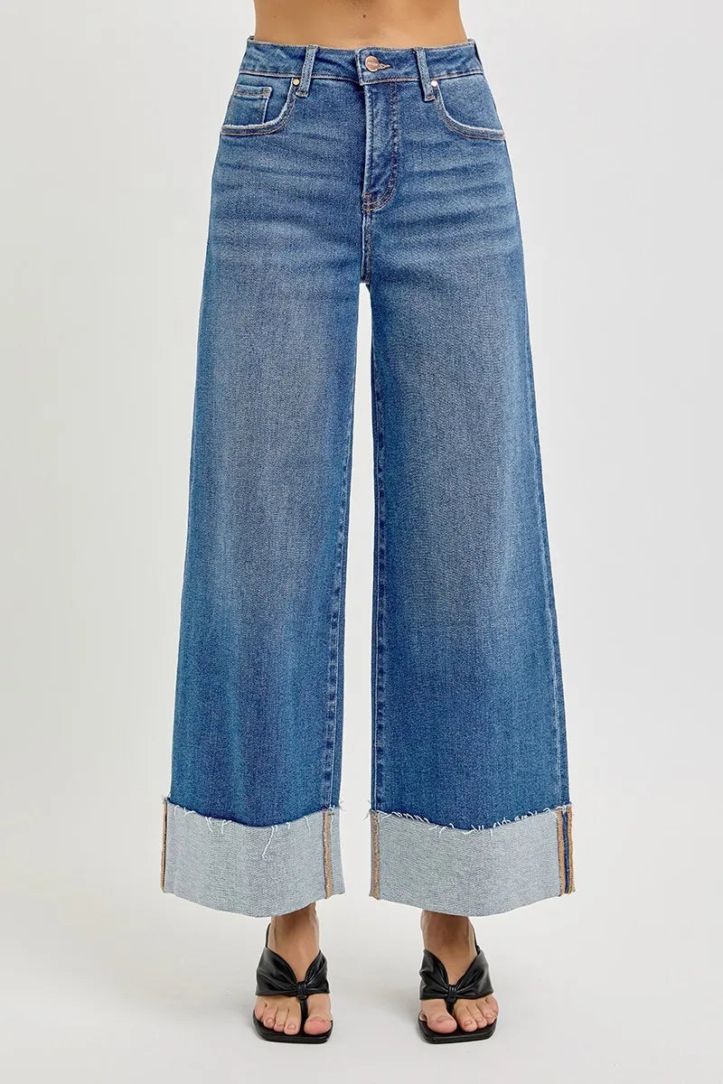 RISEN Full Size Tummy Control High Rise Crop Wide Cuffed Jeans Plus Size -  Be Bliss Boutique