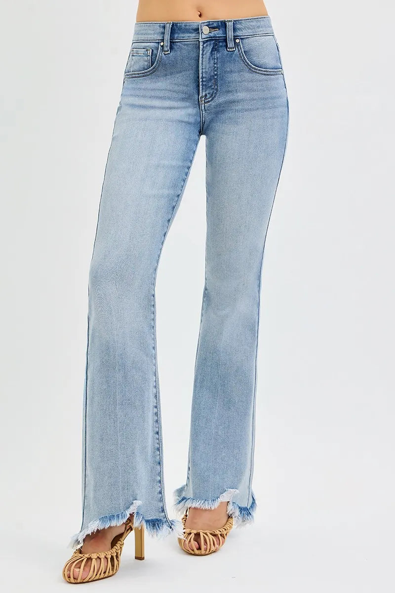 RISEN Full Size Tummy Control Mid Rise Flare Jeans with Fray Hem Detailed Plus Size -  Be Bliss Boutique