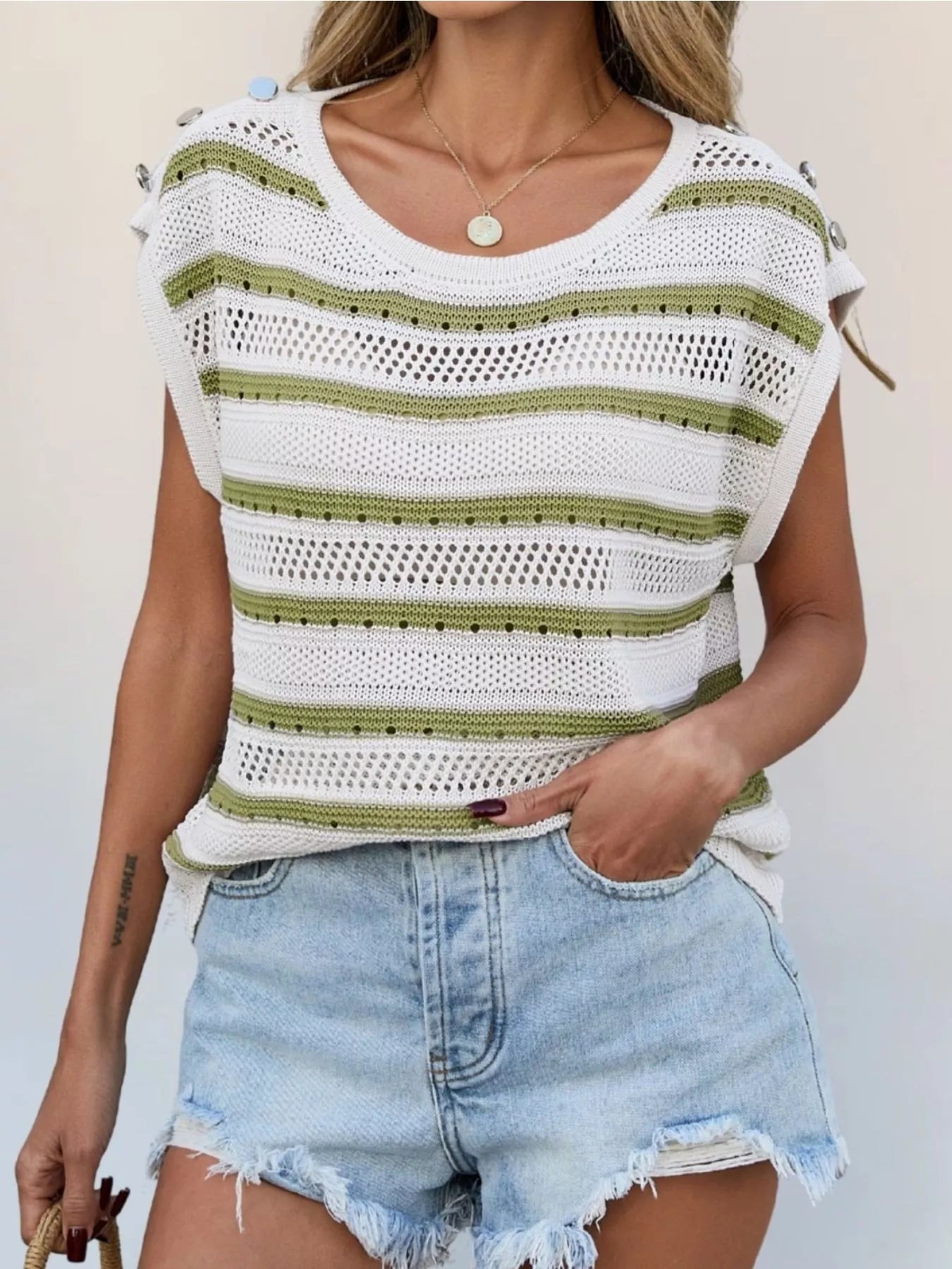 Openwork Round Neck Cap Sleeve Knit Top - Be Bliss Boutique