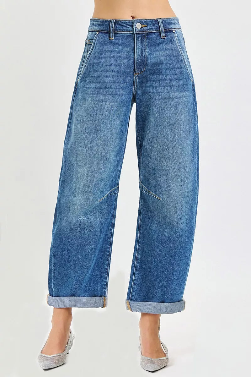 RISEN Jeans - Slouchy Cropped Barrel Jeans With Cuffed Hem - Be Bliss Boutique