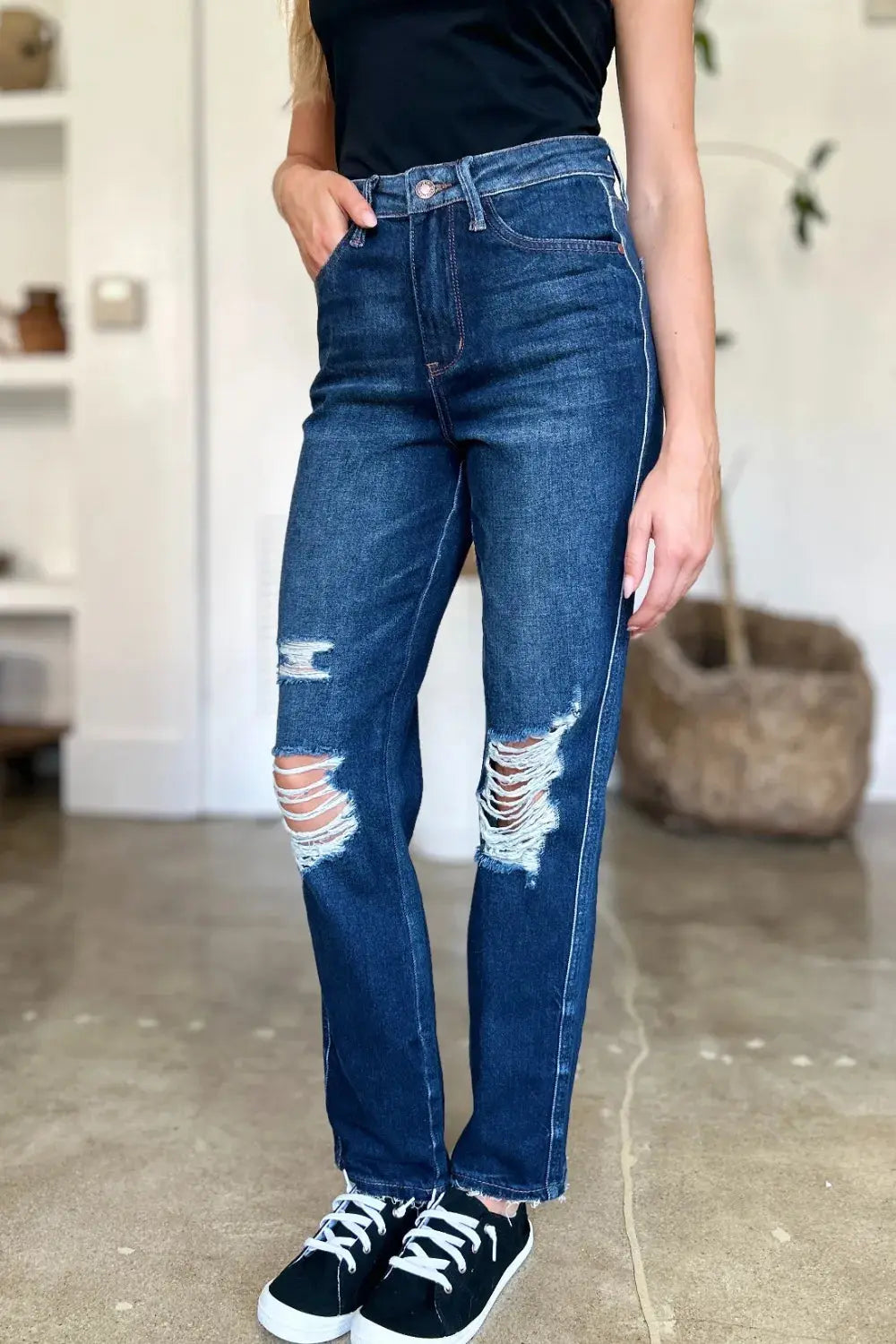 Judy Blue Full/Plus Size High Waist Rigid Magic Heavy Destroy Straight Jeans |  Be Bliss Boutique