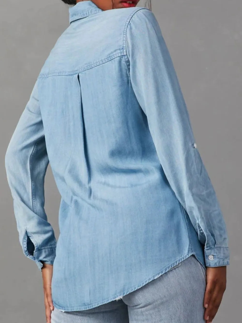 Collared Neck Roll-Tab Sleeve Womens Denim Shirt - Be Bliss Boutique
