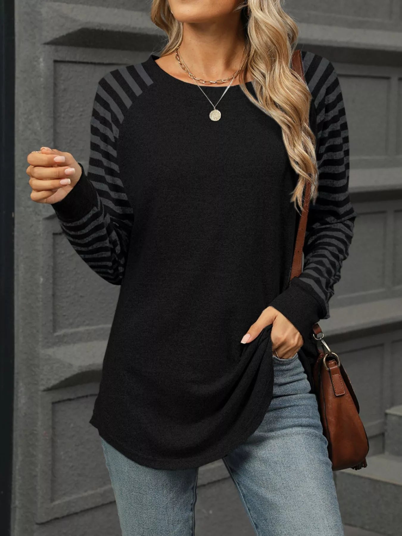 Striped Round Neck Raglan Sleeve T-Shirt - Be Bliss Boutique