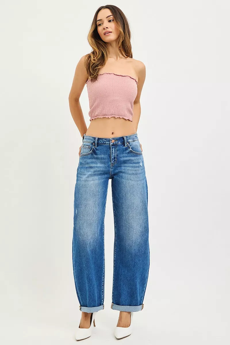RISEN Jeans - Full Size Mid Rise Barrel Double Roll Up Jeans - Be Bliss Boutique