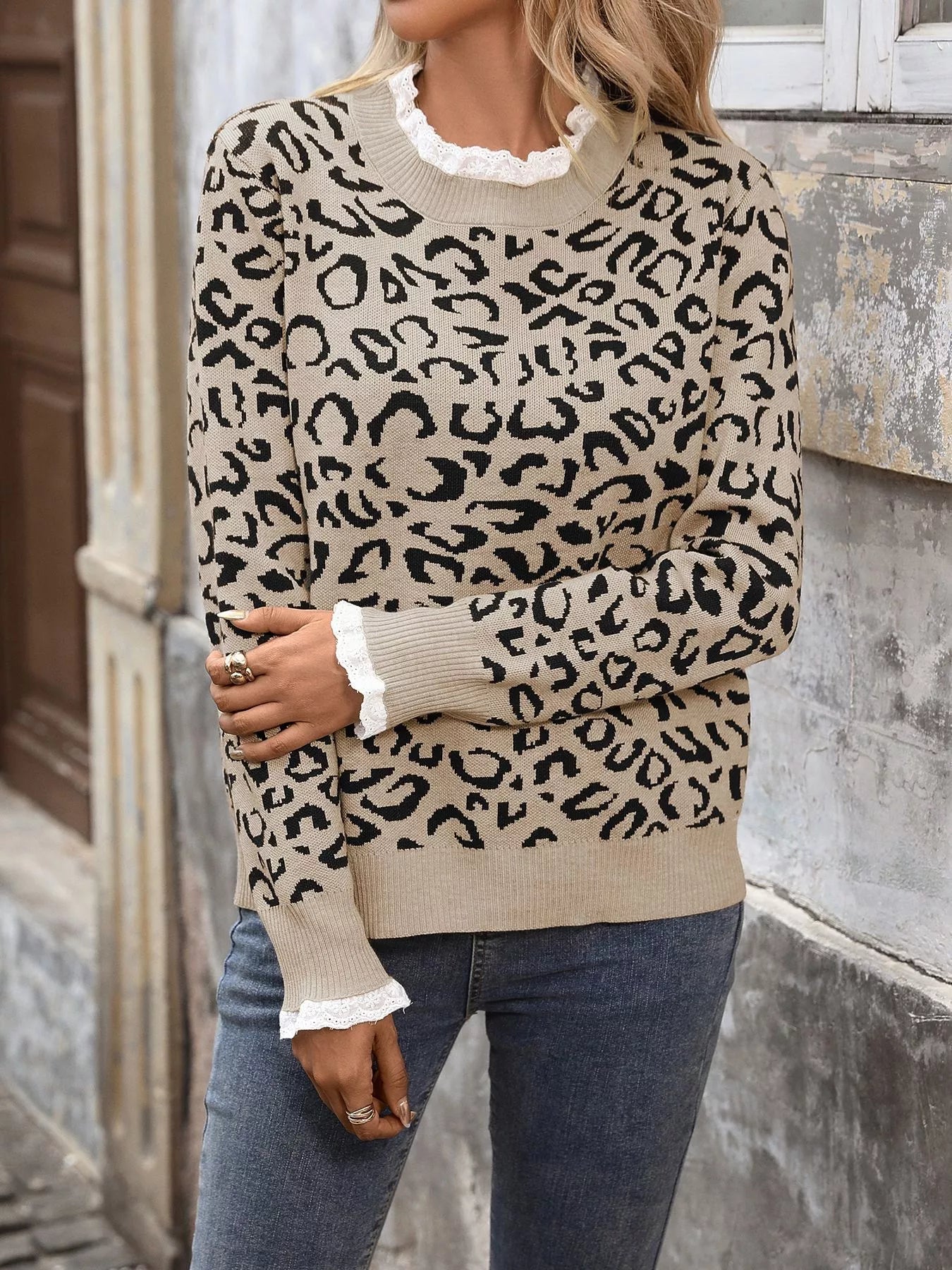 Frill Leopard Long Sleeve Sweater - Be Bliss Boutique