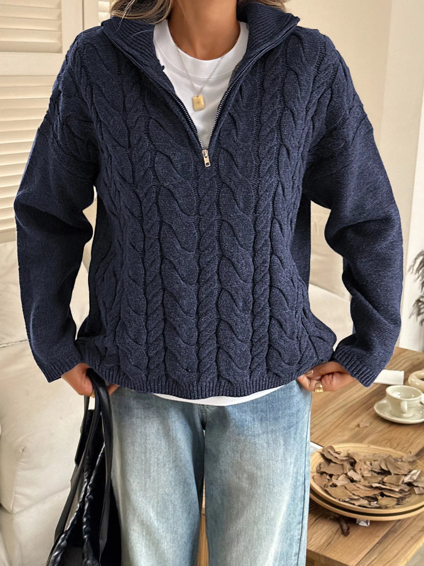Zip Collar Cable-Knit Sweater -  Be Bliss Boutique