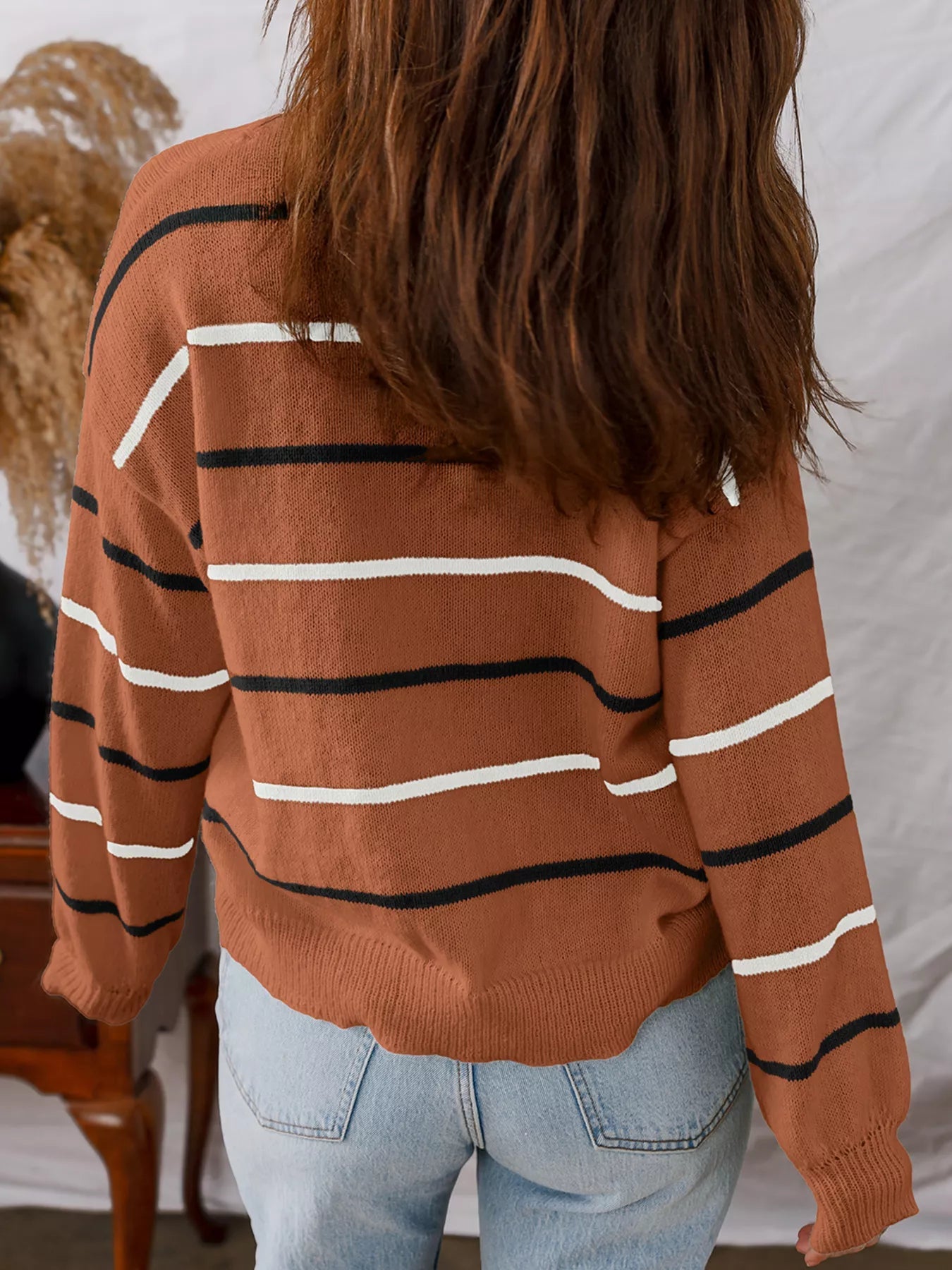 Stripe Striped Ribbed Edge Drop Shoulder Sweater -  Be Bliss Boutique