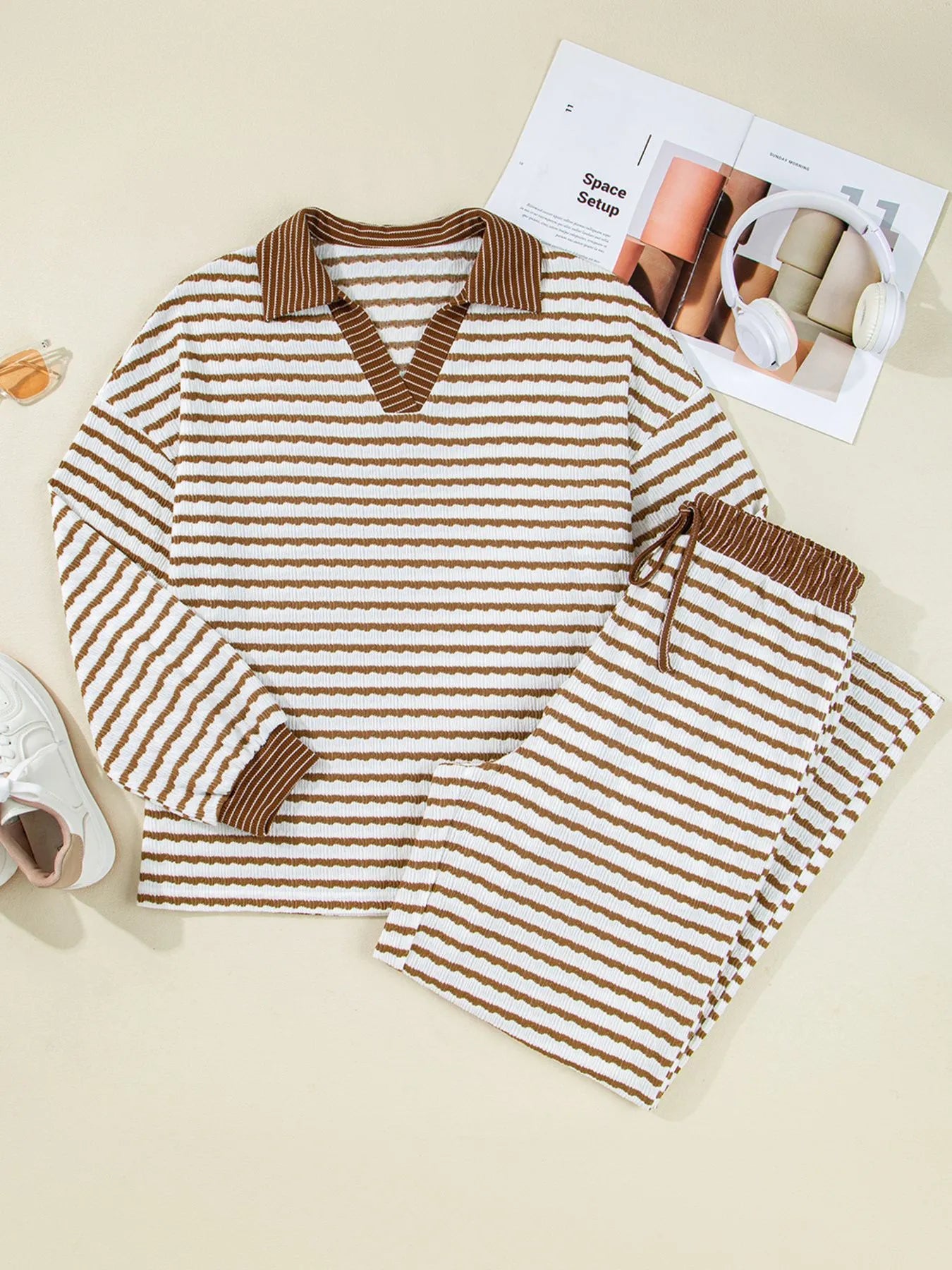 Stripe Collared Top and Drawstring Pant Set - Be Bliss Boutique