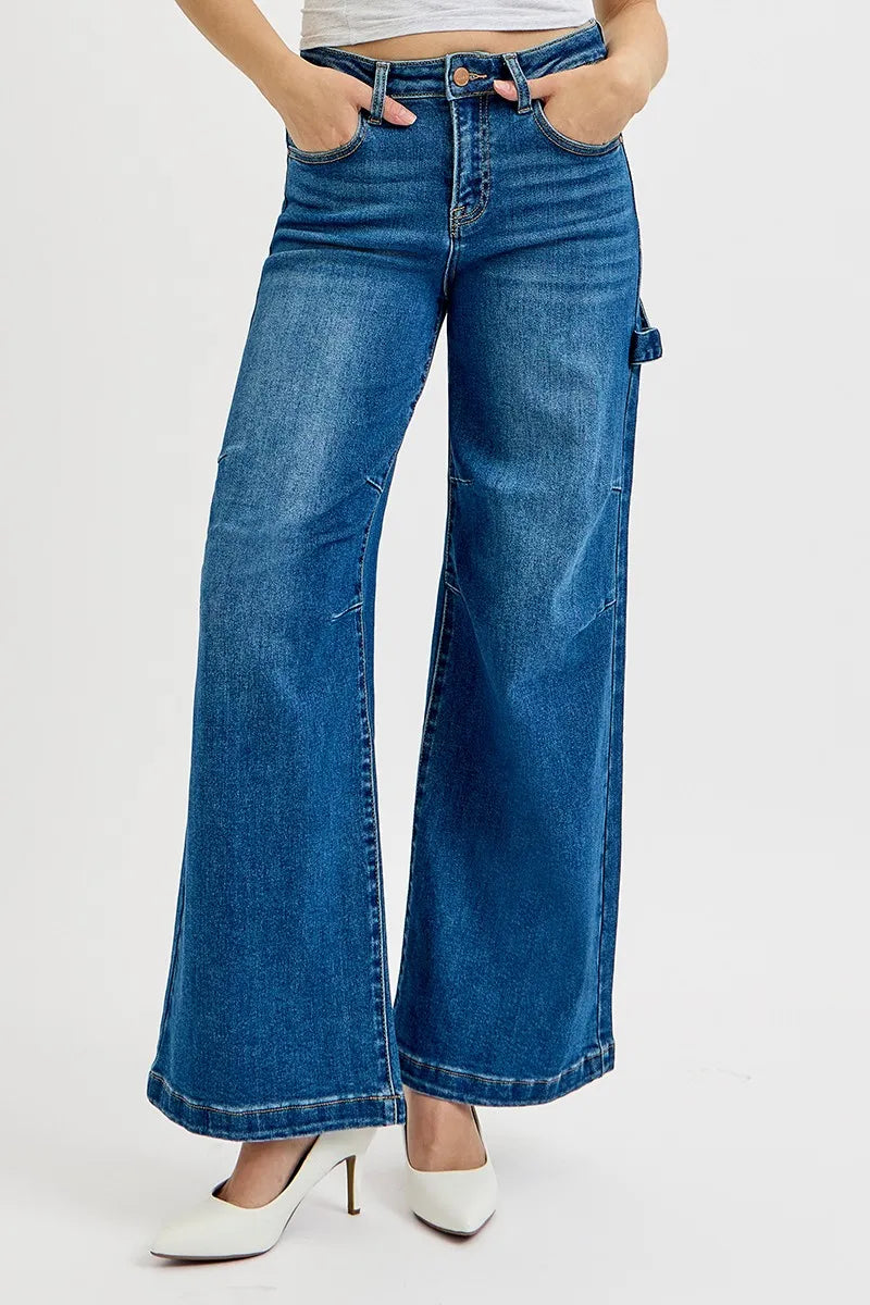 RISEN Full Size High Rise Wide Leg Patch Detailed Jeans Plus Size -  Be Bliss Boutique