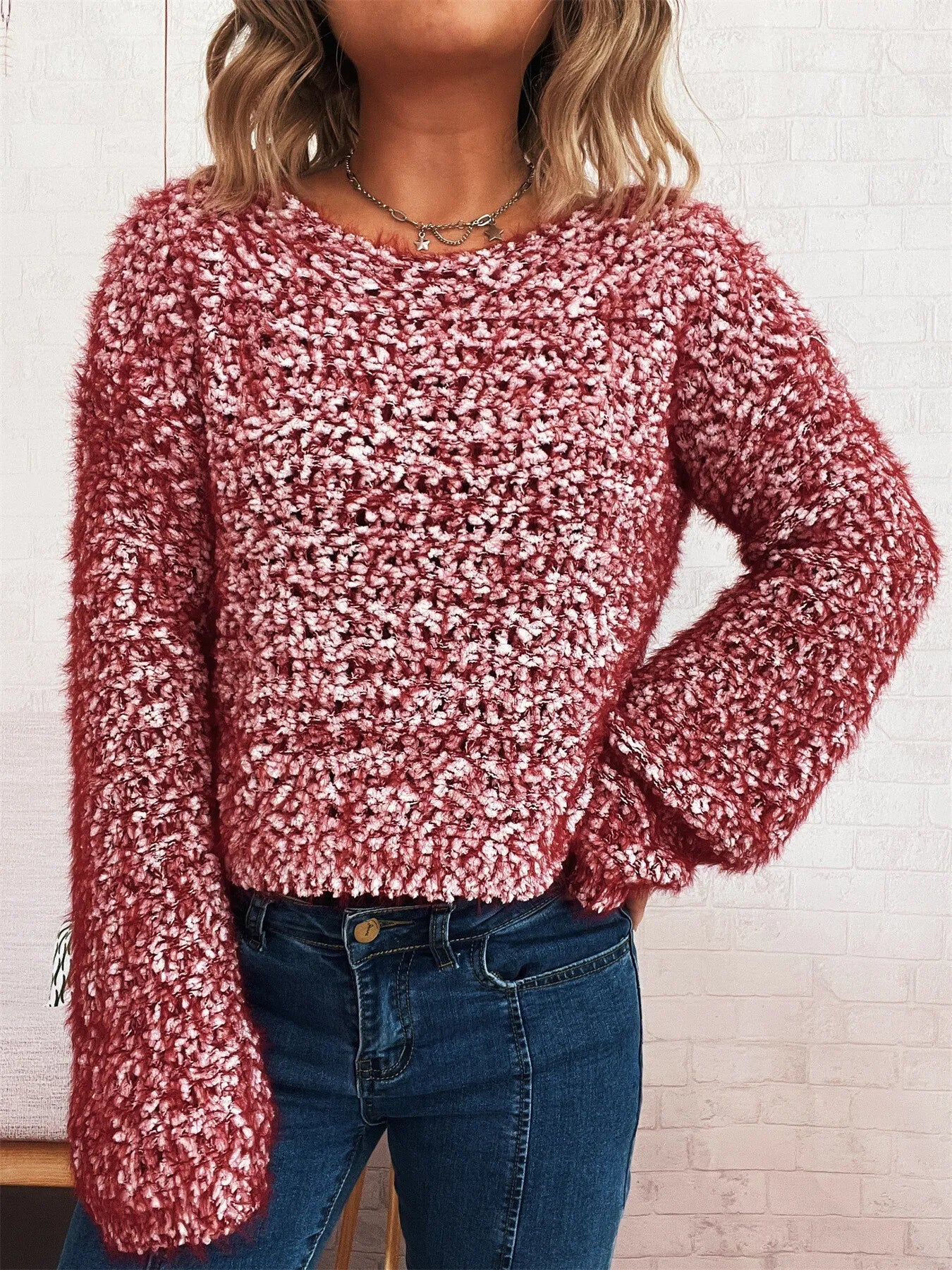 Crochet Dropped Shoulder Round Neck Sweater -  Be Bliss Boutique