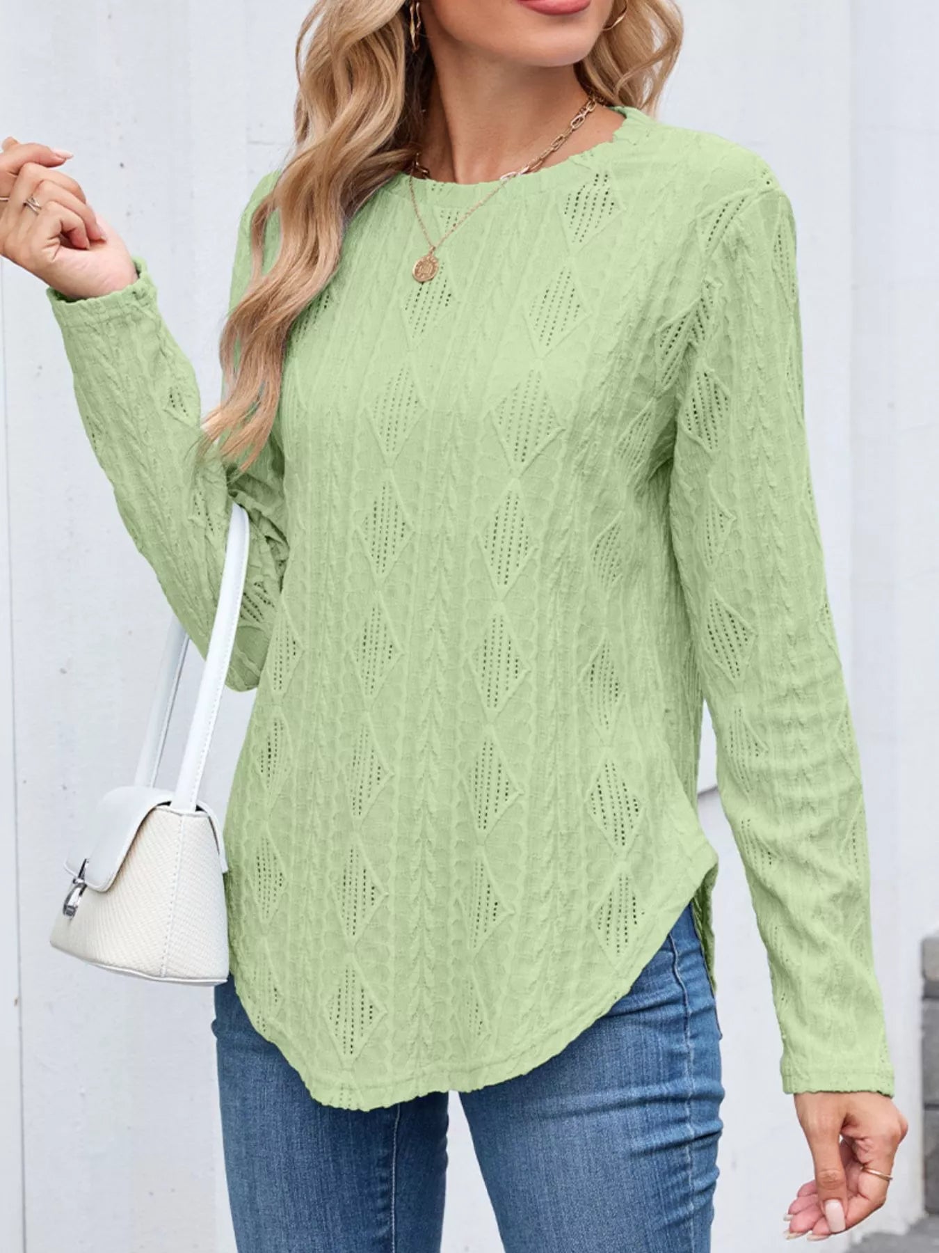 Openwork Textured Long Sleeve Top - Be Bliss Boutique