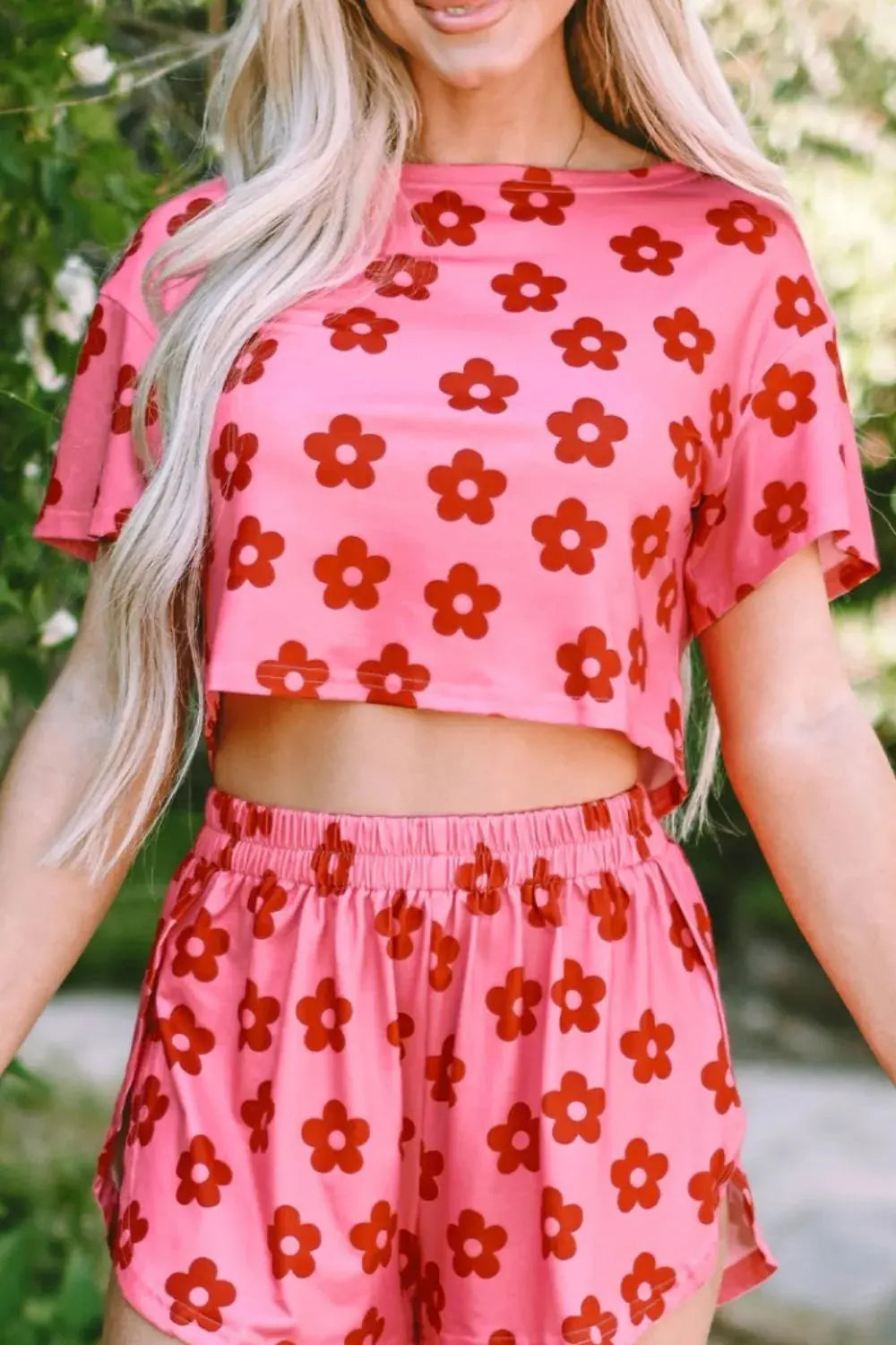 Pink & Red Floral Cropped Tee and Shorts Lounge Set | Be Bliss Boutique