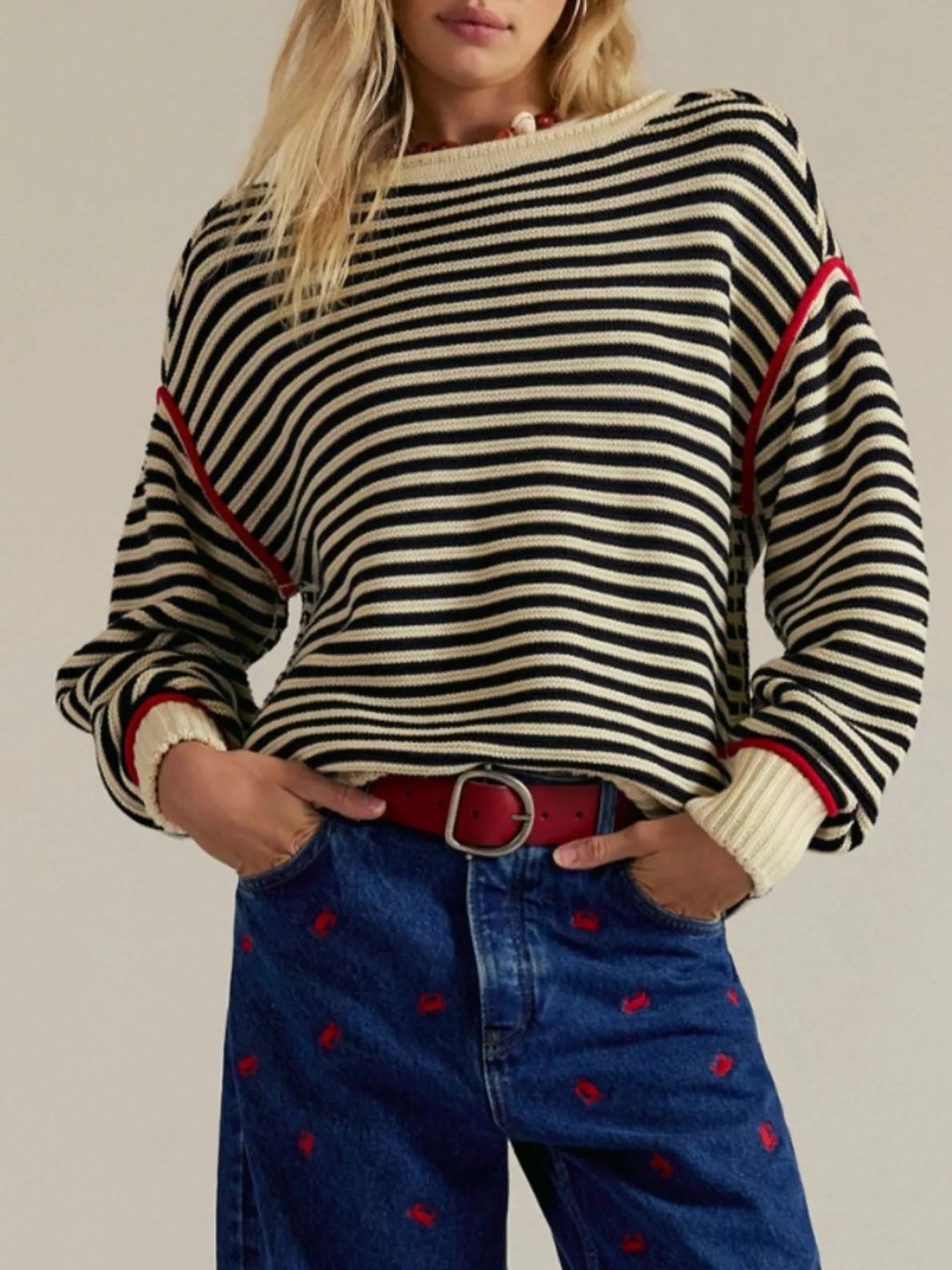 Striped Round Neck Long Sleeve Sweater -  Be Bliss Boutique