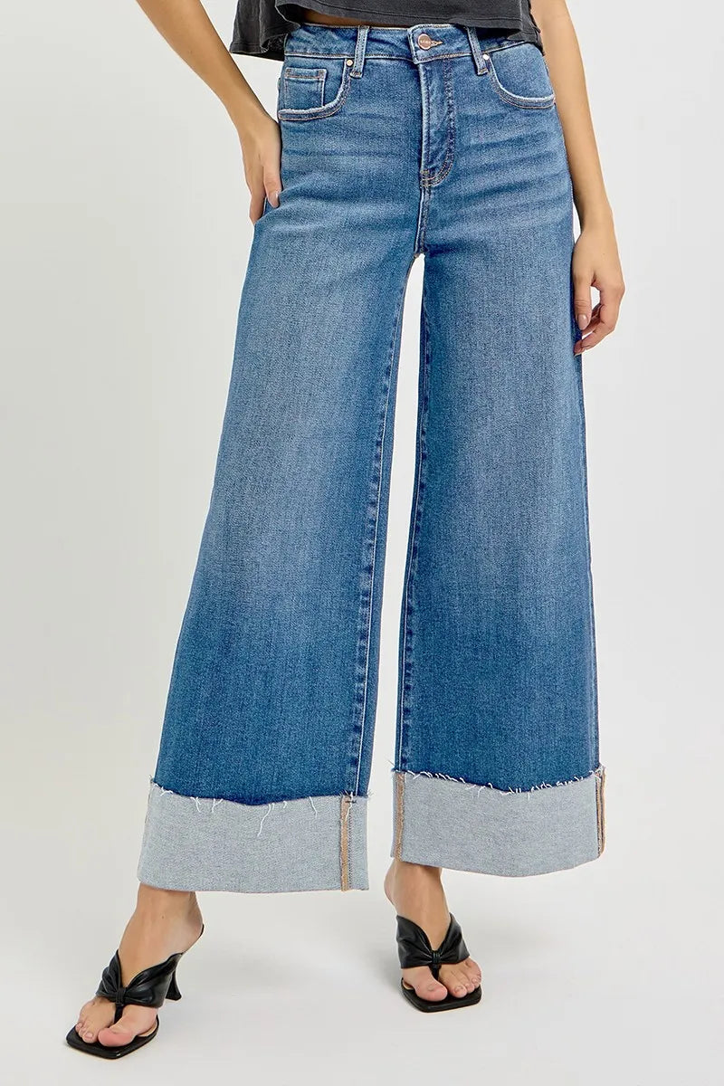 RISEN Full Size Tummy Control High Rise Crop Wide Cuffed Jeans Plus Size -  Be Bliss Boutique