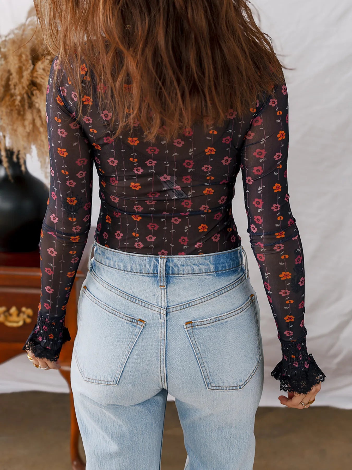 Floral Print Smocked Cuff Slim Fit Mesh Bodysuit - Be Bliss Boutique