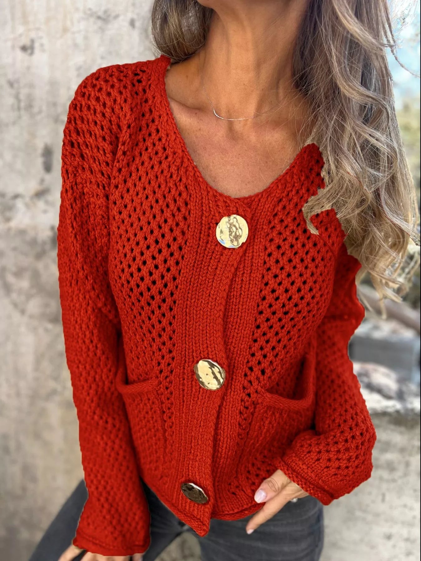 Crochet Button Up Long Sleeve Cardigan -  Be Bliss Boutique