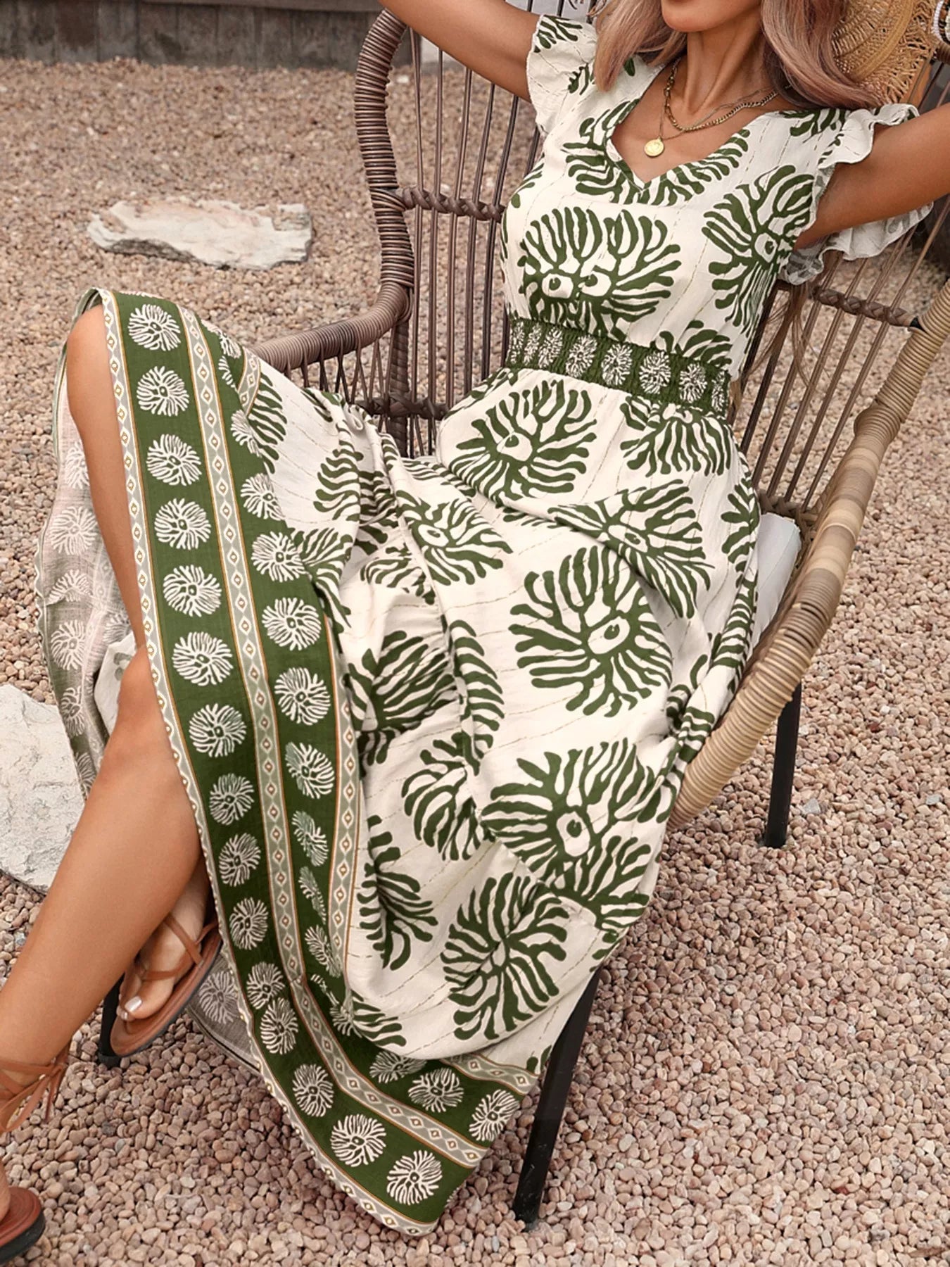 Printed V Neck Cap Sleeve Maxi Dress - Be Bliss Boutique