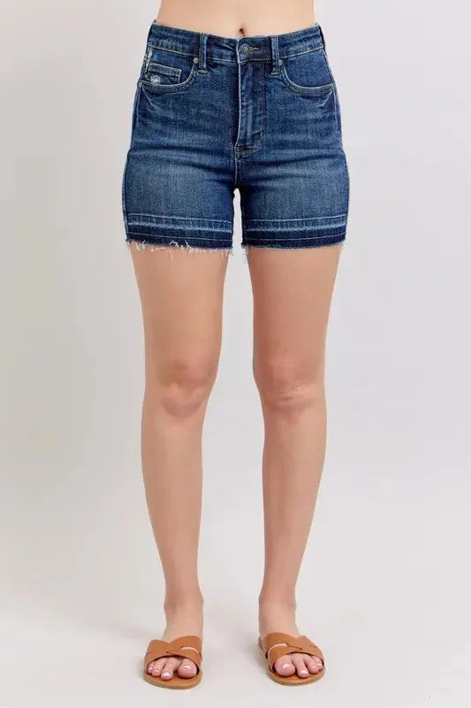 Judy Blue Full/Plus Size High Waist Tummy Control Destroy Release Hem Denim Shorts Plus Size |  Be Bliss Boutique